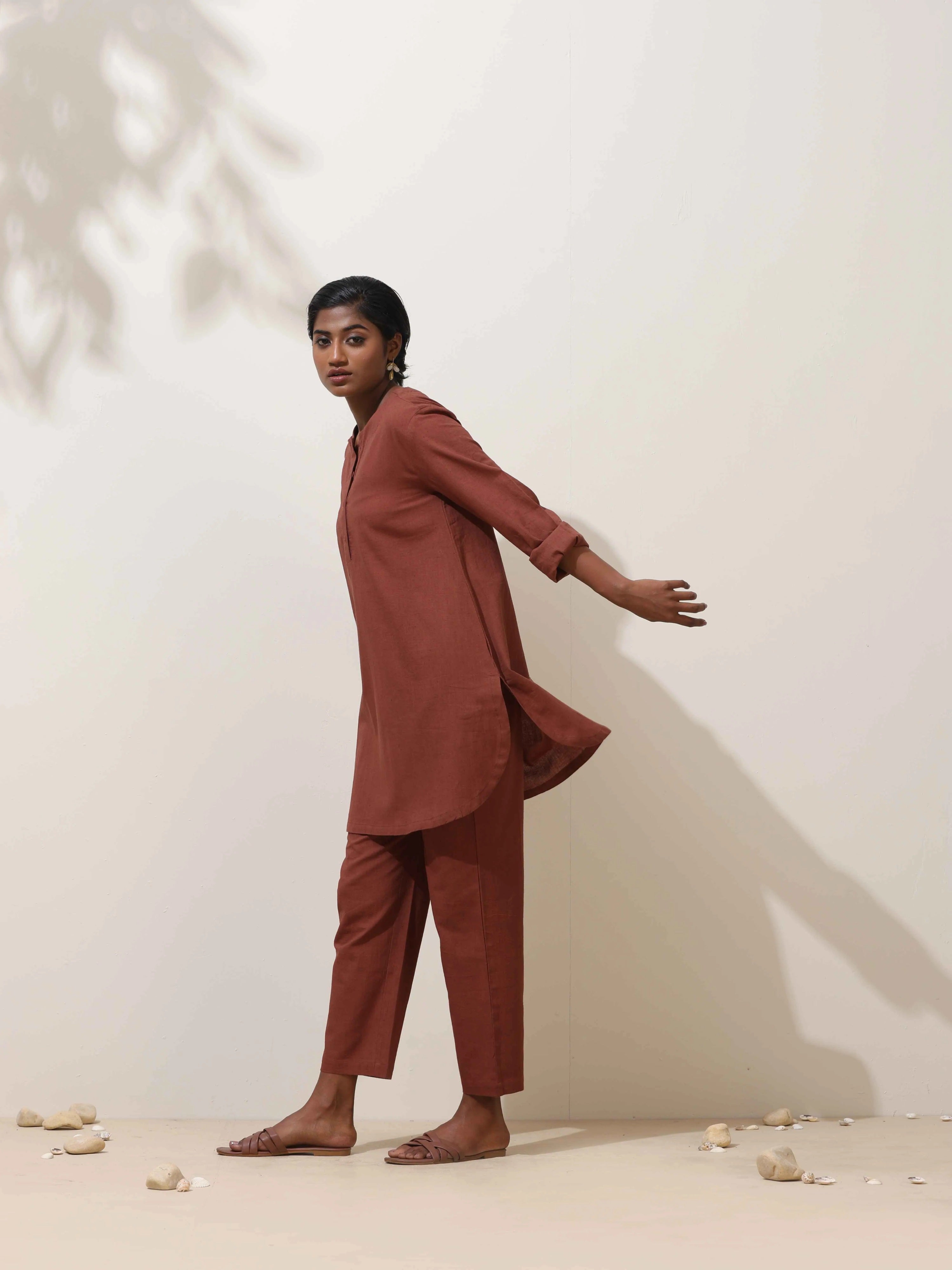 trueBrowns Brown Cotton Linen Kurta Co-Ord Set