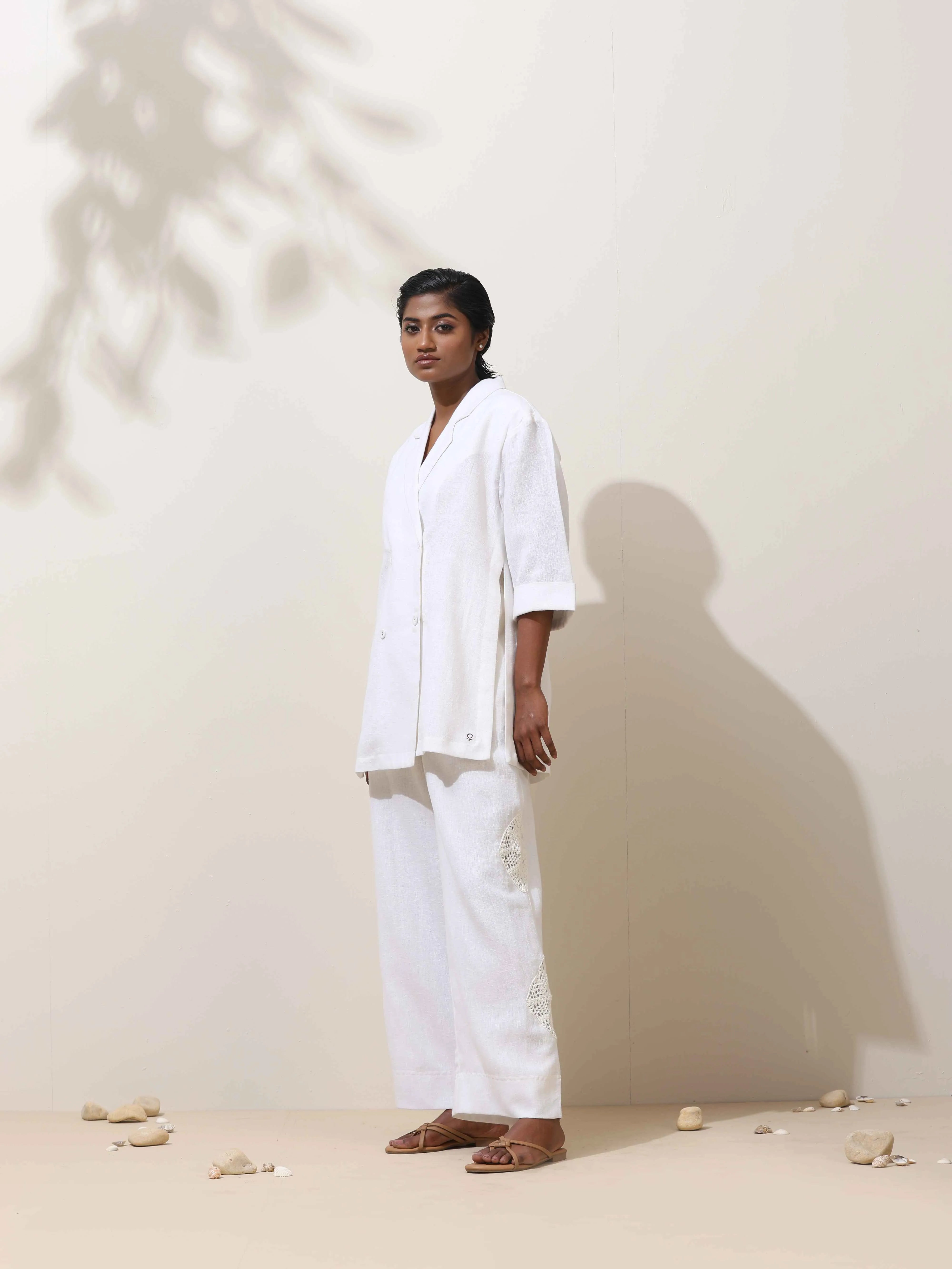 trueBrowns Indus White Crochet Natural Cotton Blazer Co-ord Set