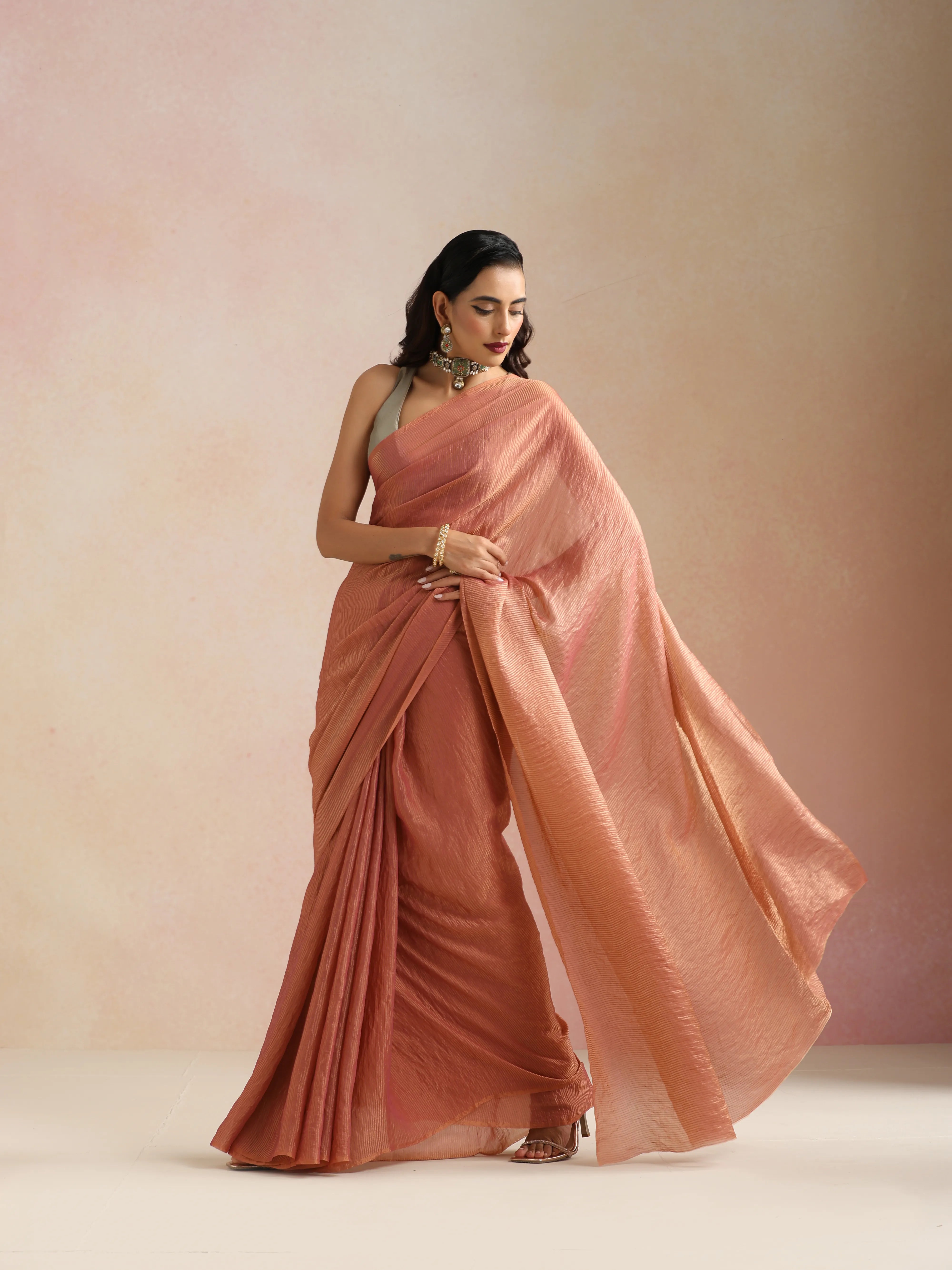 trueBrowns Peach Copper Tissue Saree With Unstitched Blouse