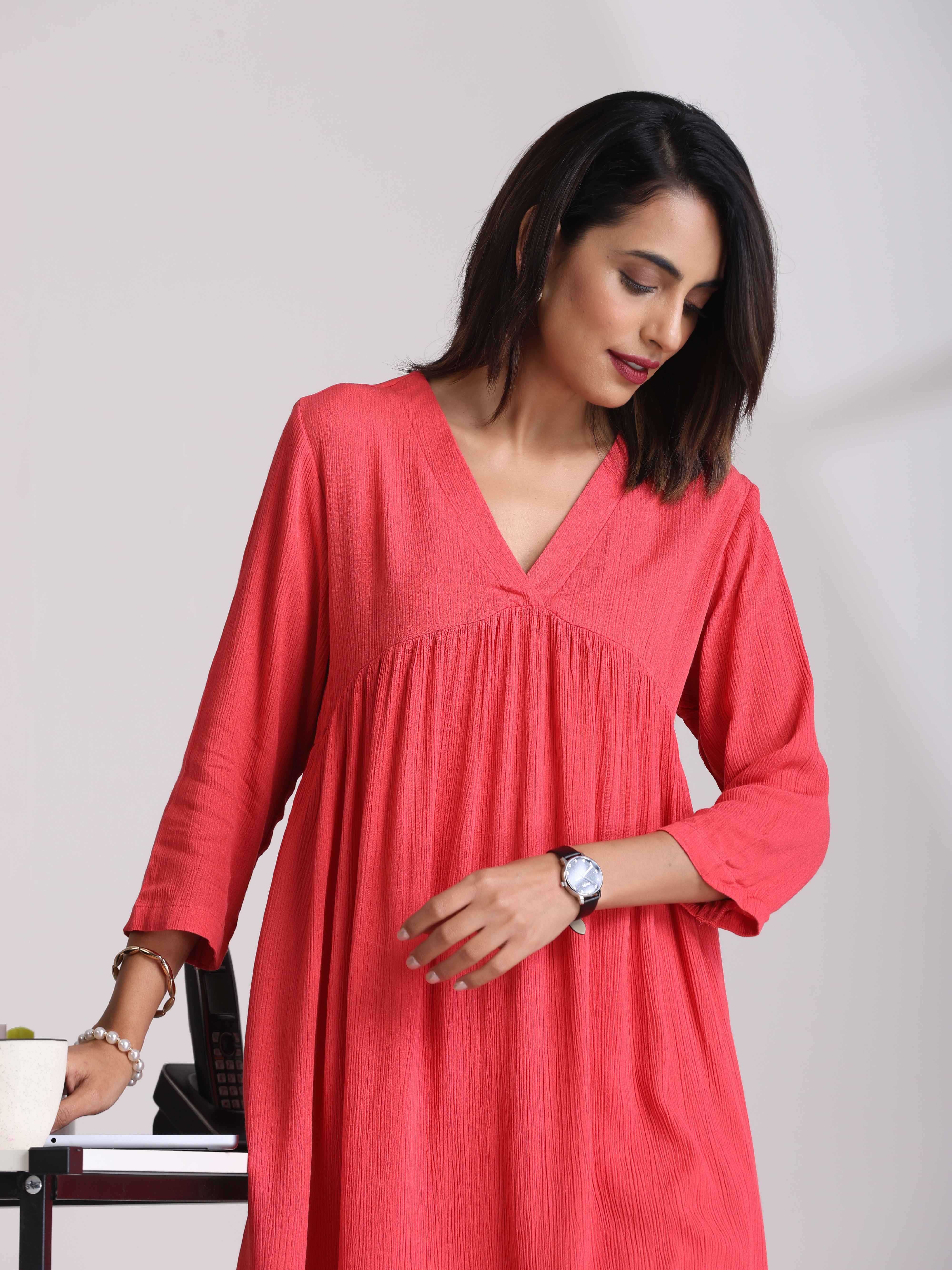 trueBrowns Peach Crinkle Flared Kurta Co-ord Set