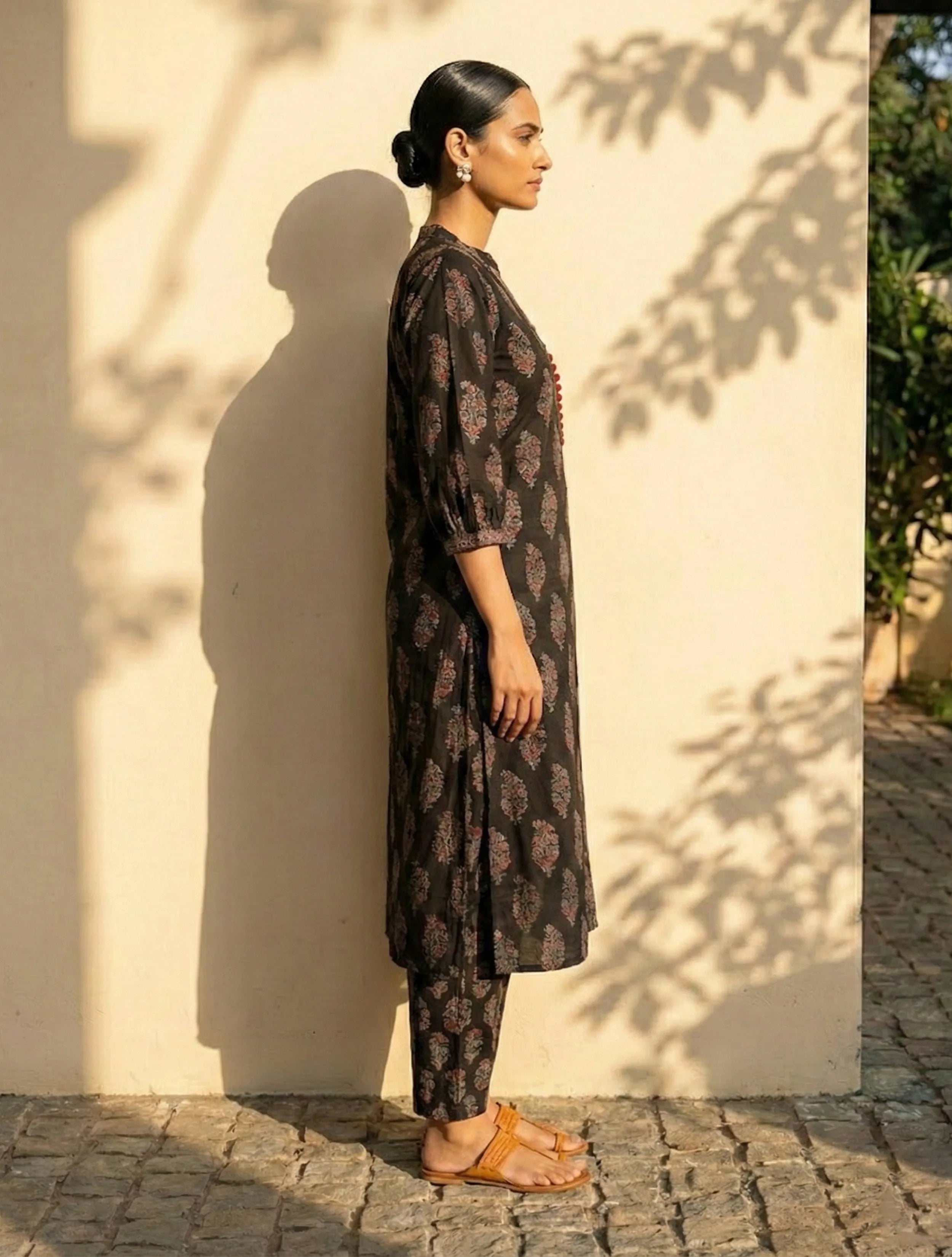 trueBrowns Black Boota Print Angrakha Kurta Pant Dupatta Set