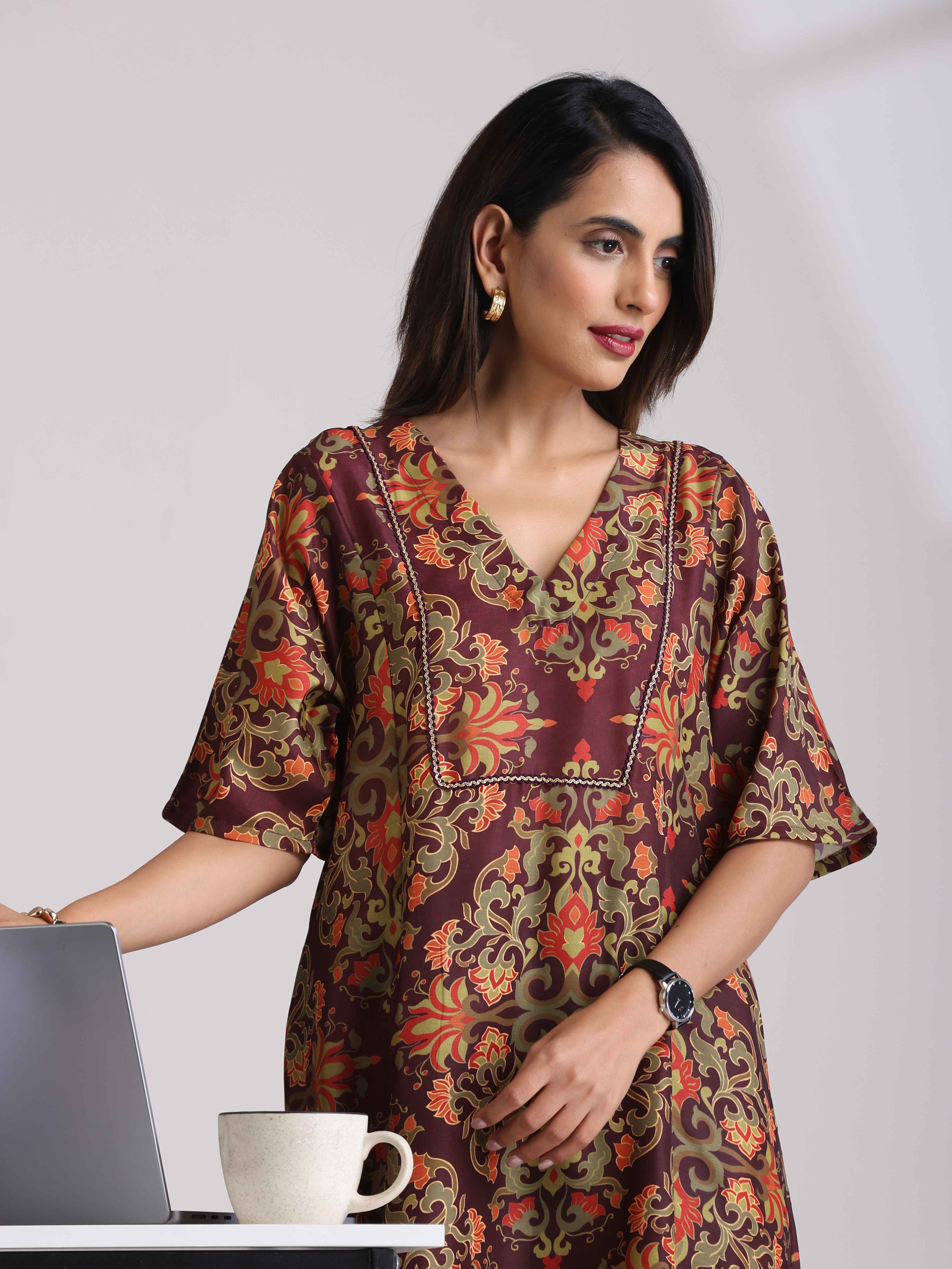 trueBrowns Brown Floral Print Kaftan Kurta Set