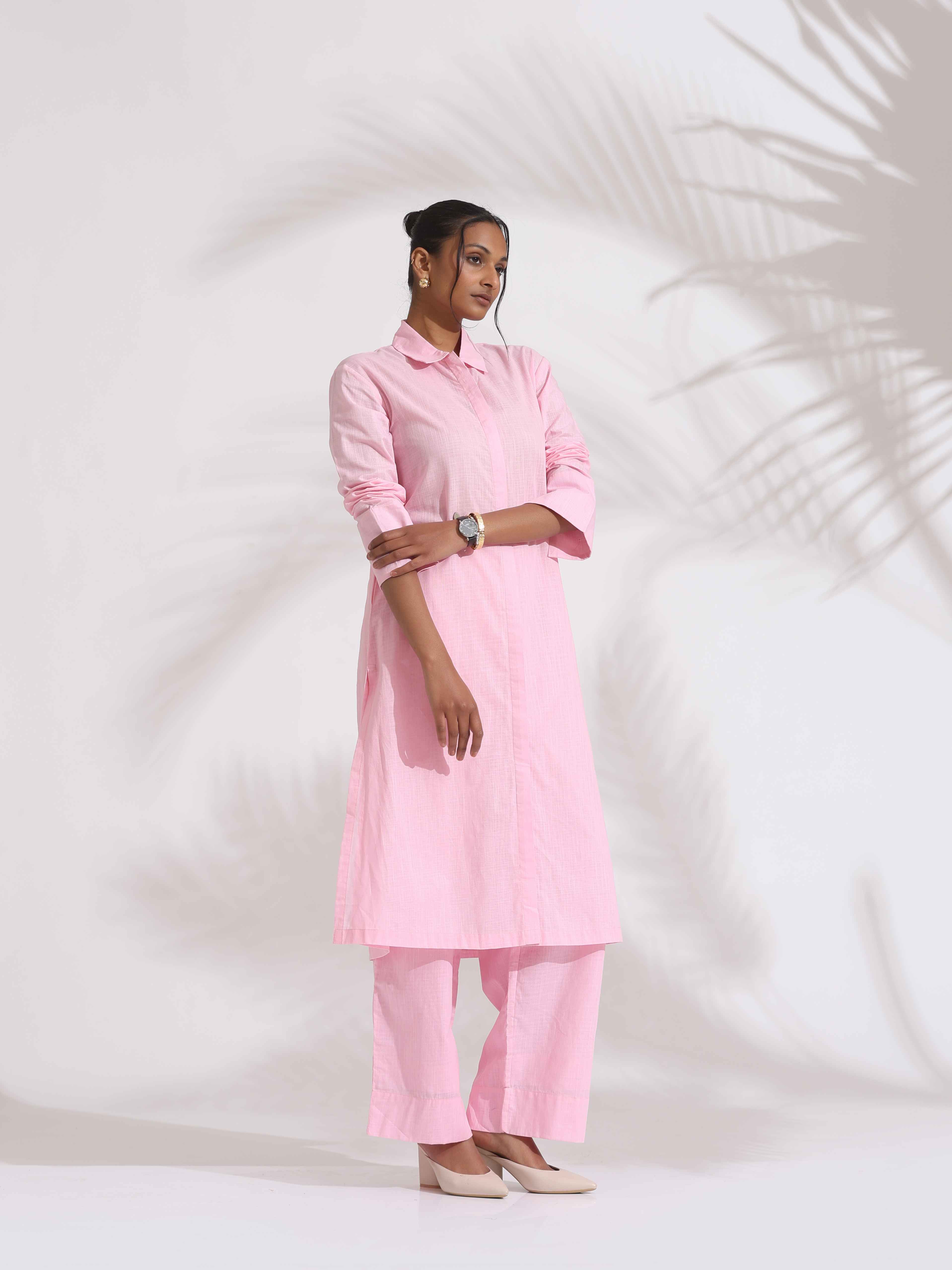 trueBrowns Pink Cotton Embroidered Kurta Set