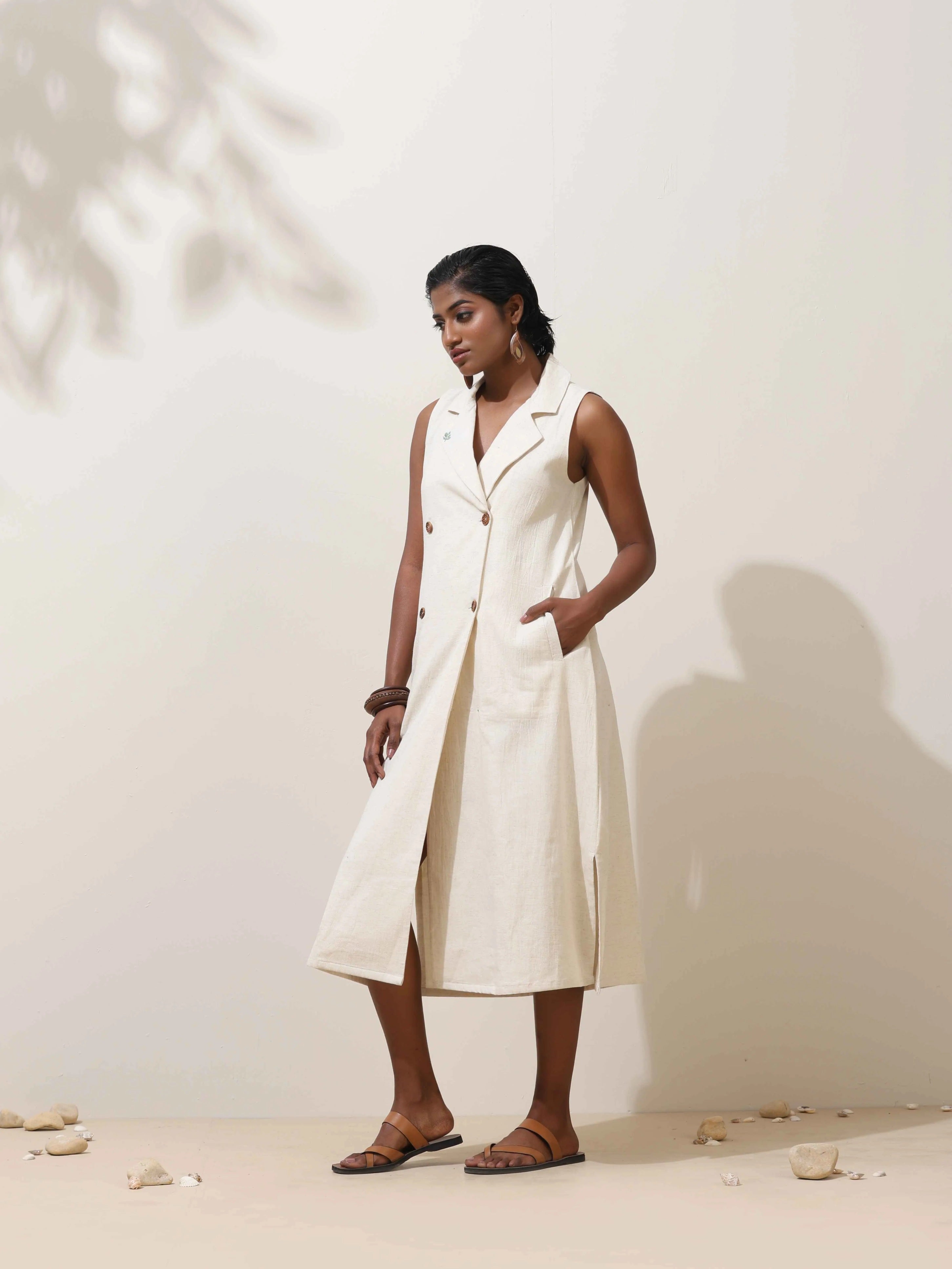 trueBrowns Off-White Cotton Linen Dress