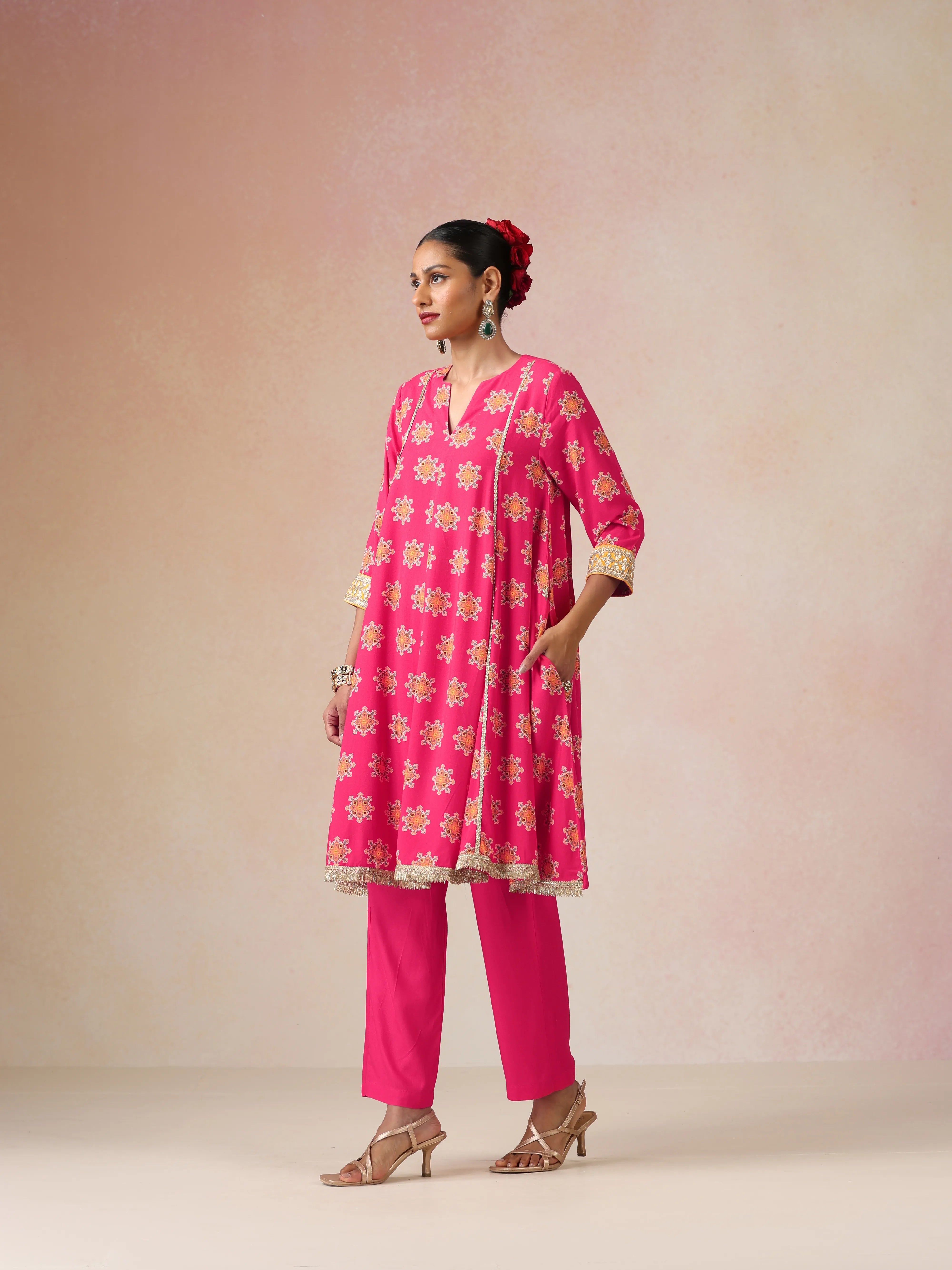 trueBrowns Pink Boota Print Viscose Flared Kurta Co-ord Set