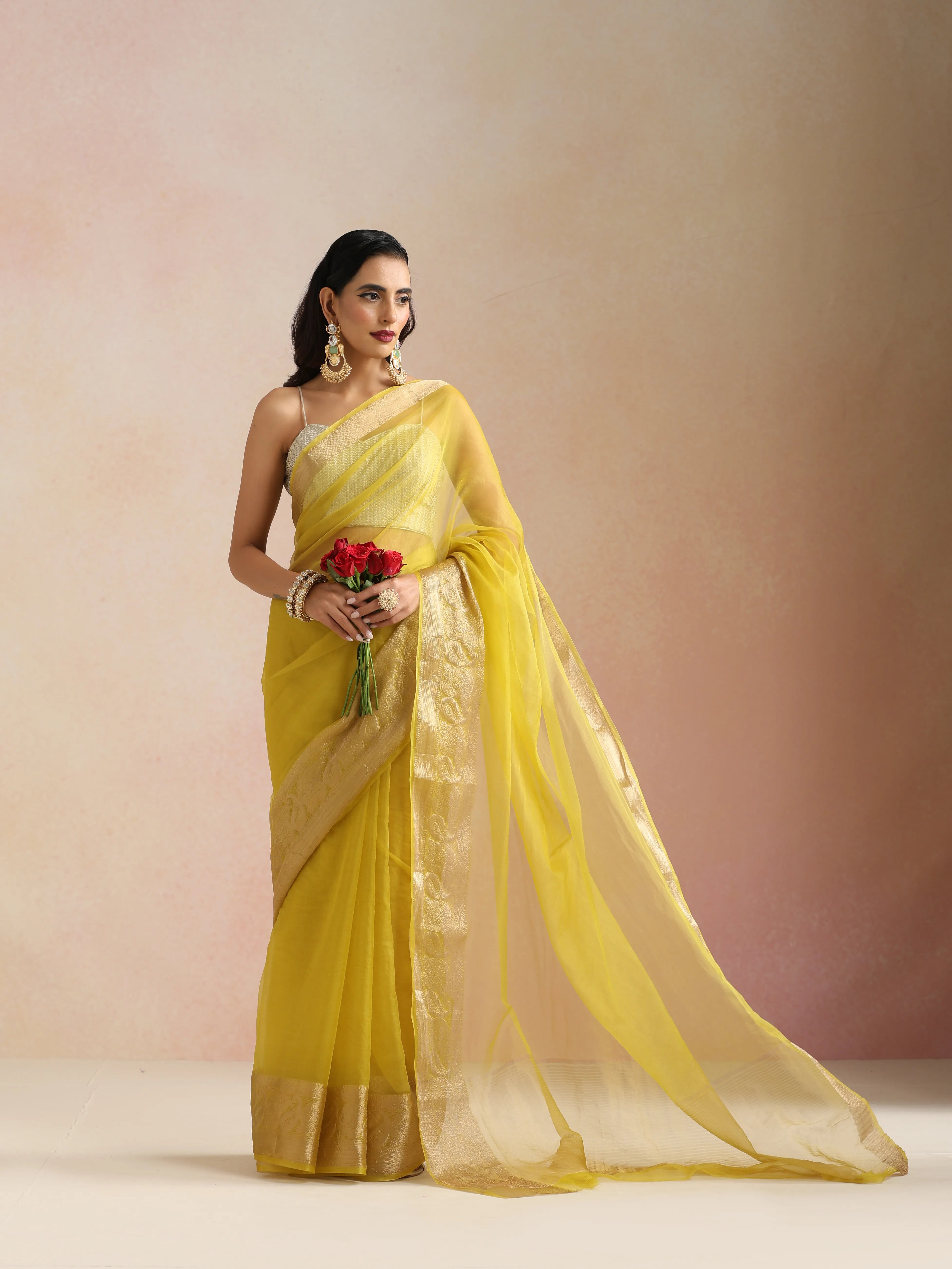 trueBrowns Lime Organza Saree With Unstitched Blouse
