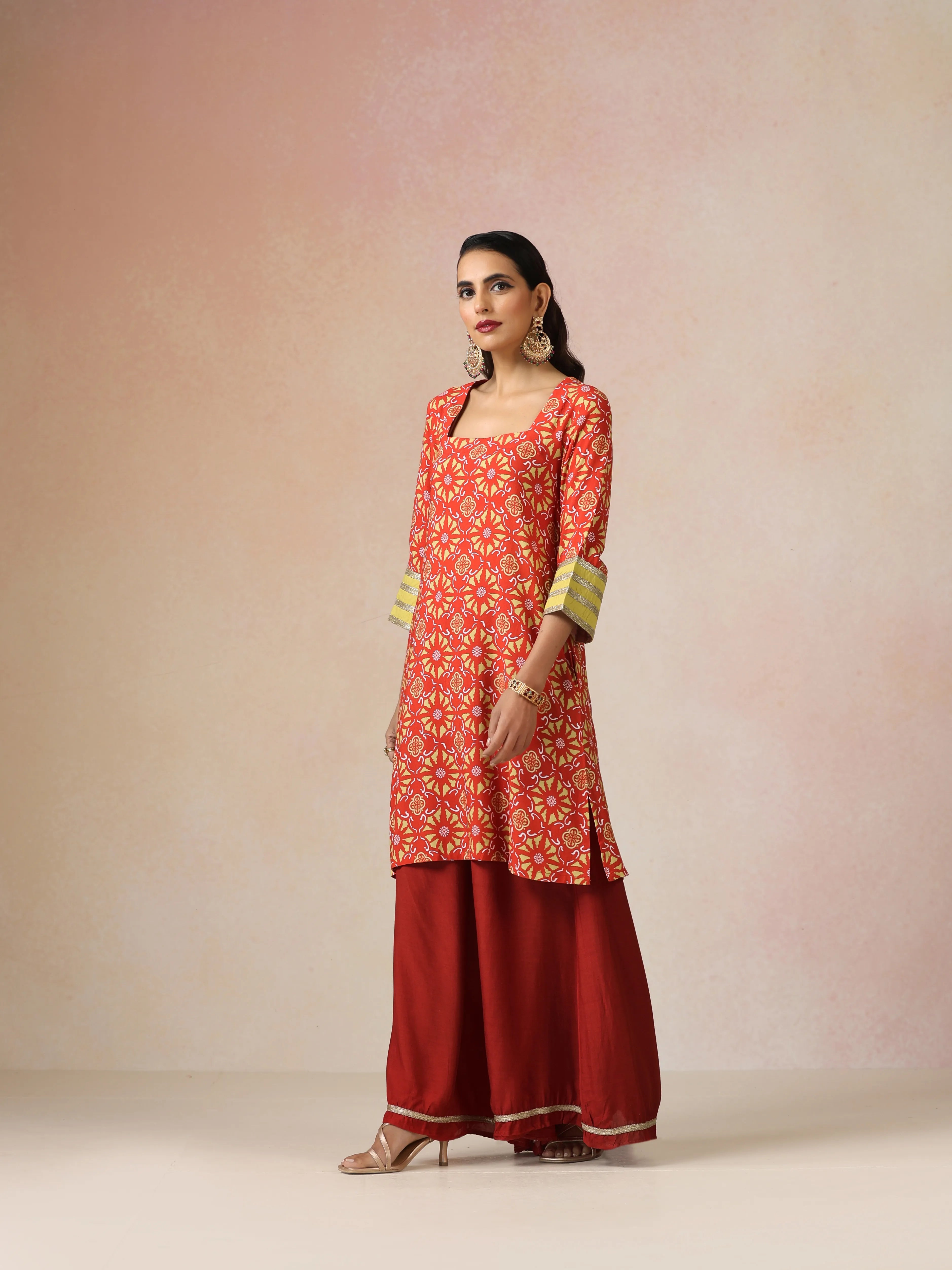 trueBrowns Red Light Green Print Viscose Kurta Sharara Set