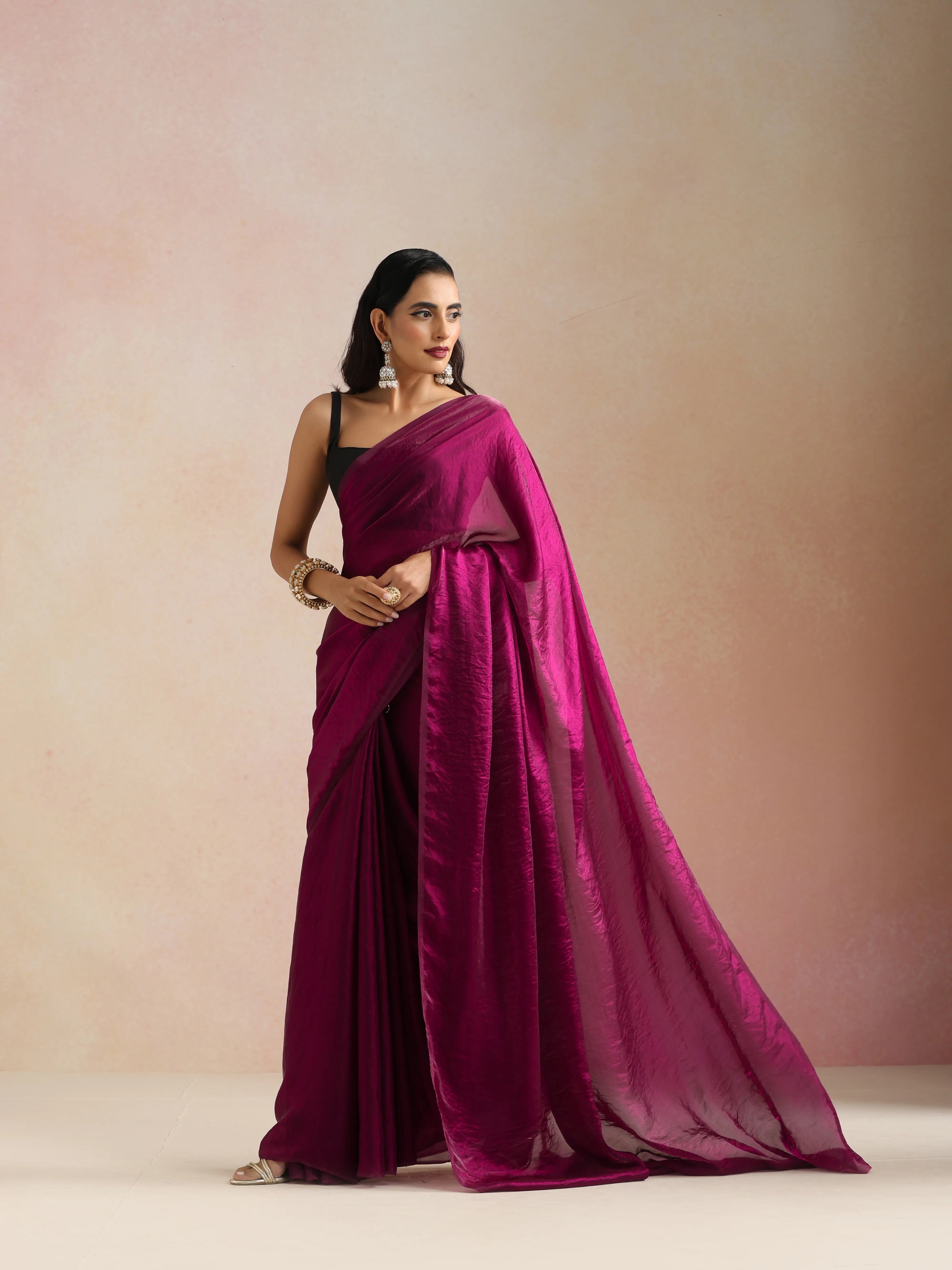 trueBrowns Wine Tissue Saree With Unstitched Blouse
