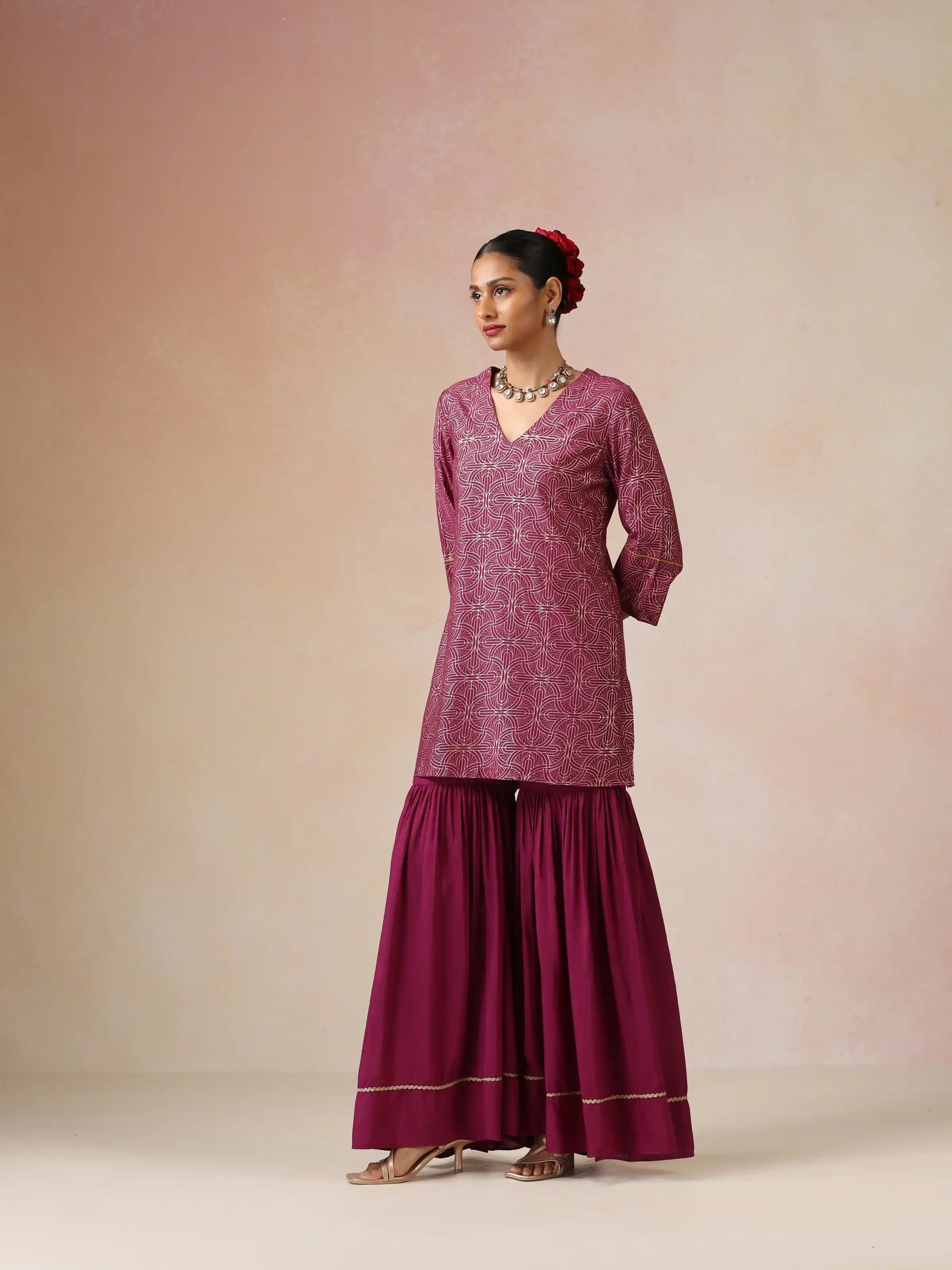trueBrowns Magenta Gold Foil Print Muslin Silk Sharara Set