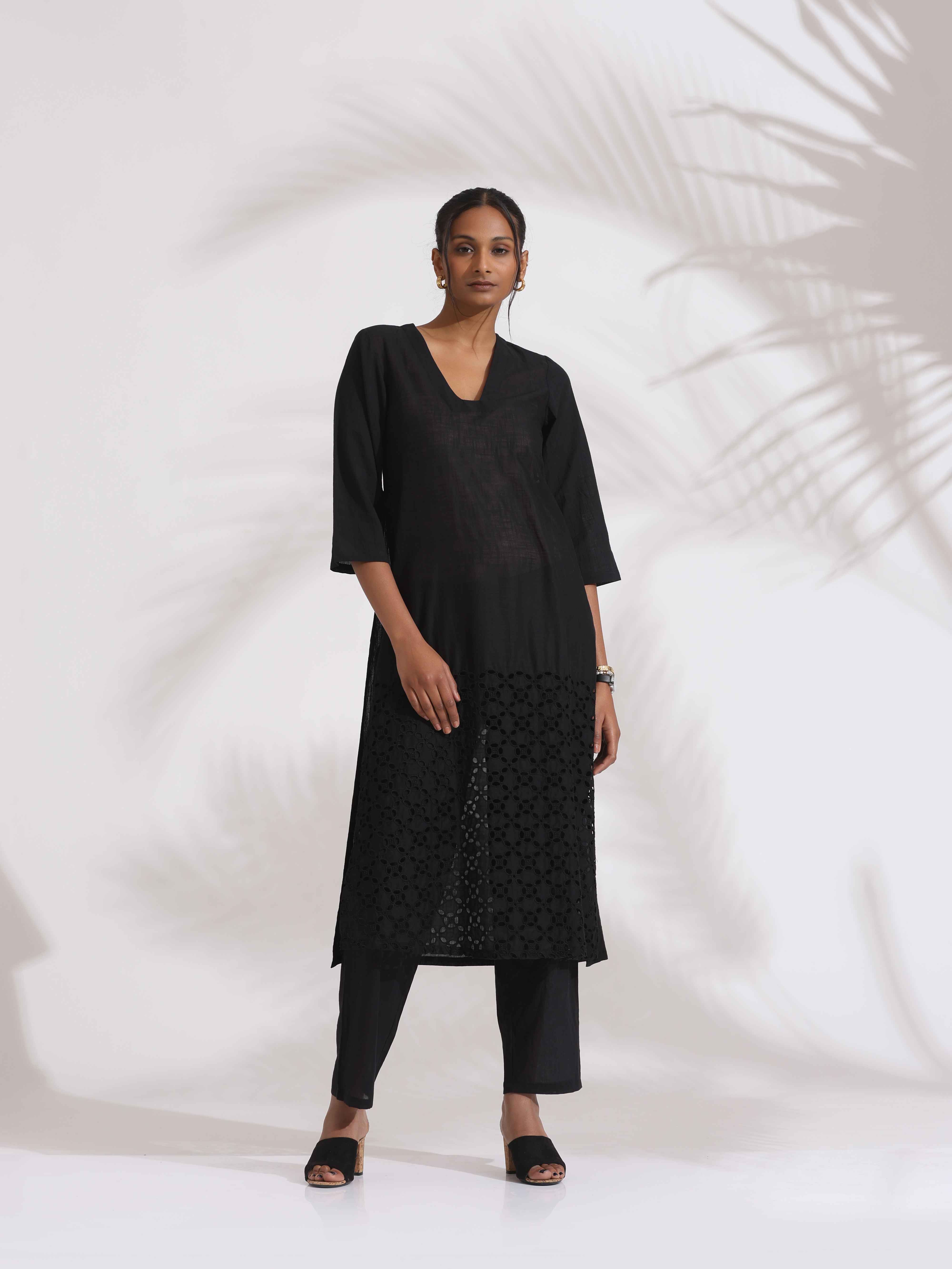 trueBrowns Black Cotton Schiffli Kurta Set