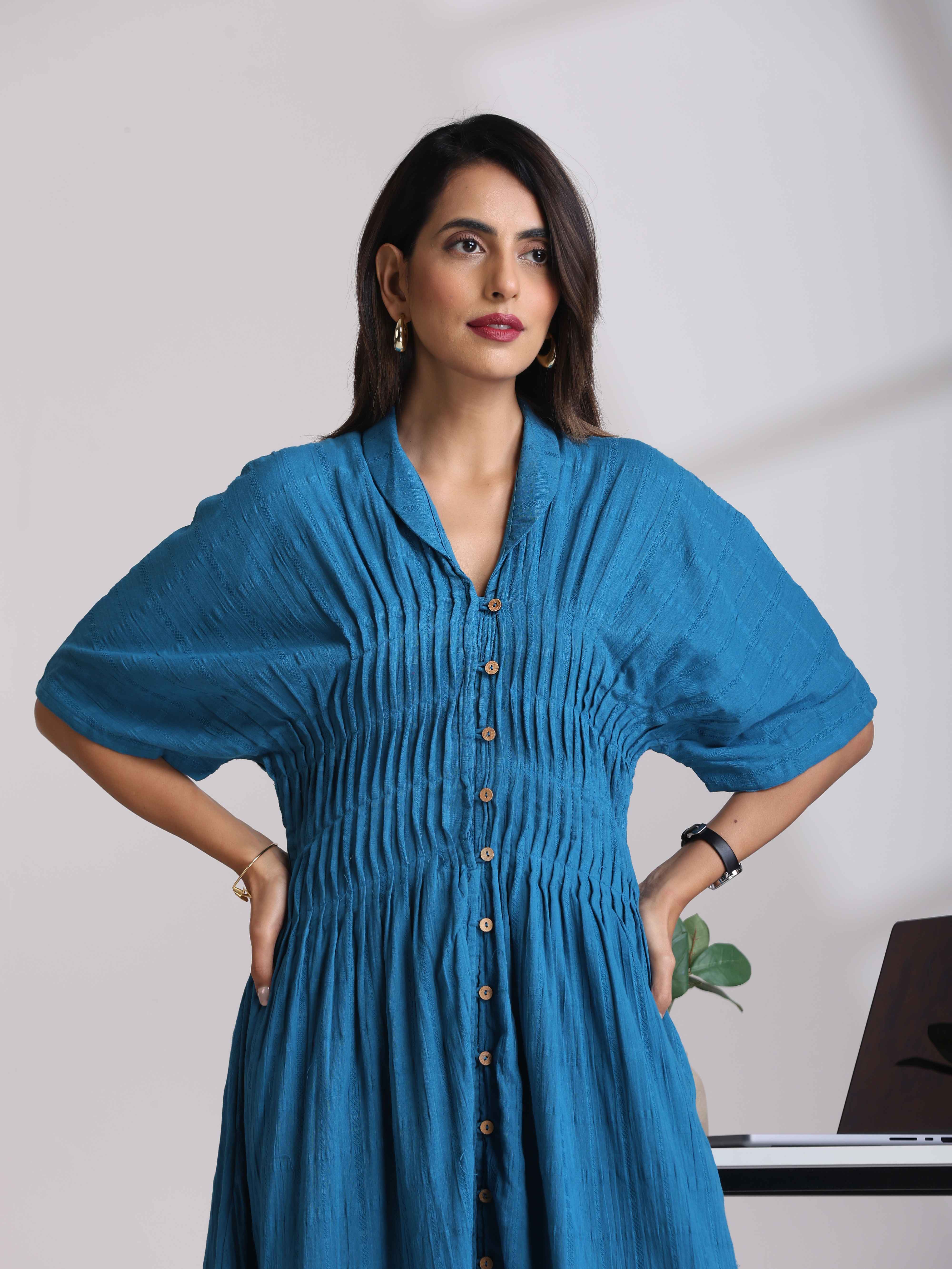 trueBrowns Blue Cotton Dobby Dress