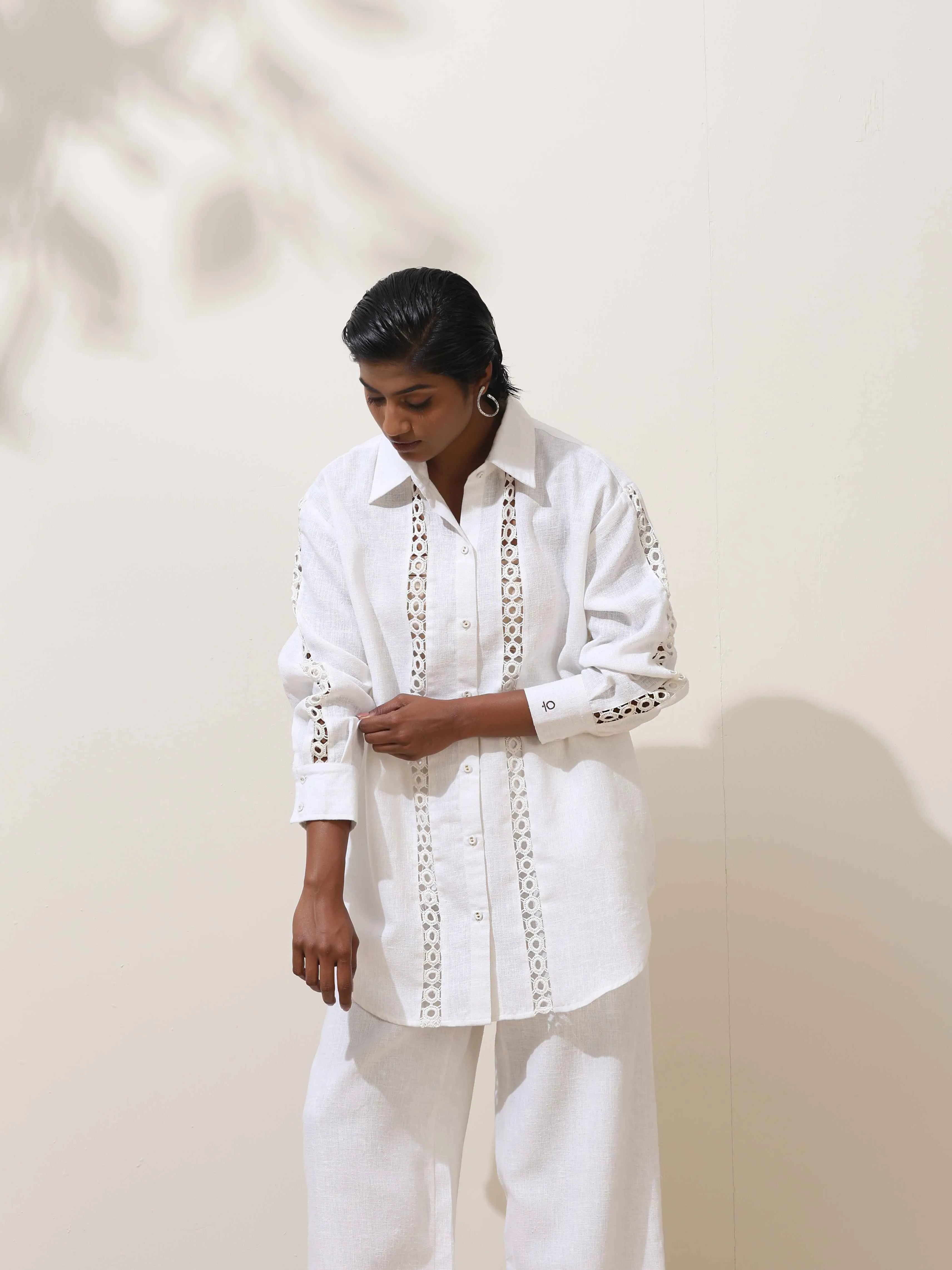 trueBrowns Attar White Crochet Natural Cotton Shirt Co-ord Set