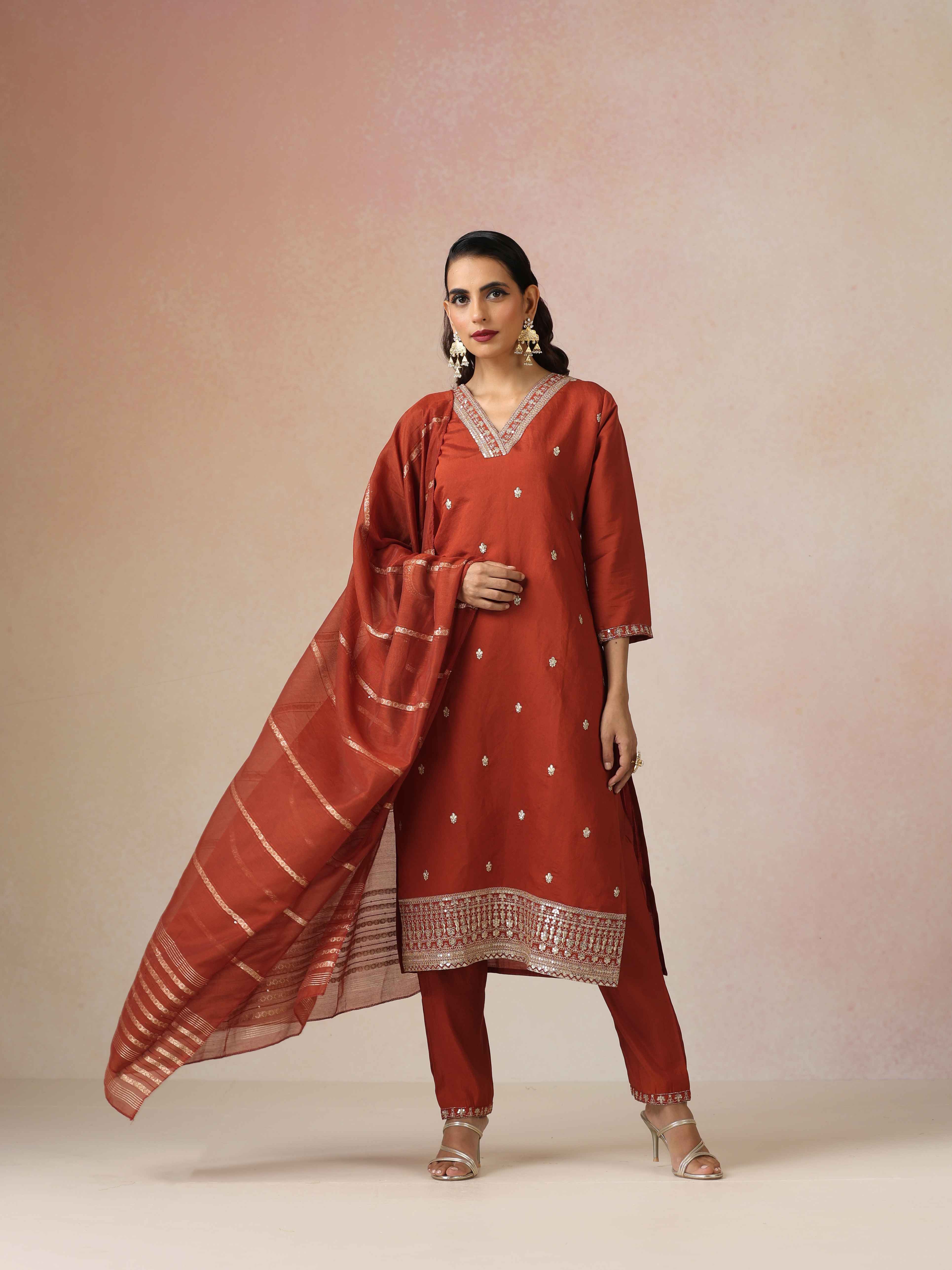 trueBrowns Rust Zari Embroidered Straight Kurta 3pc Set