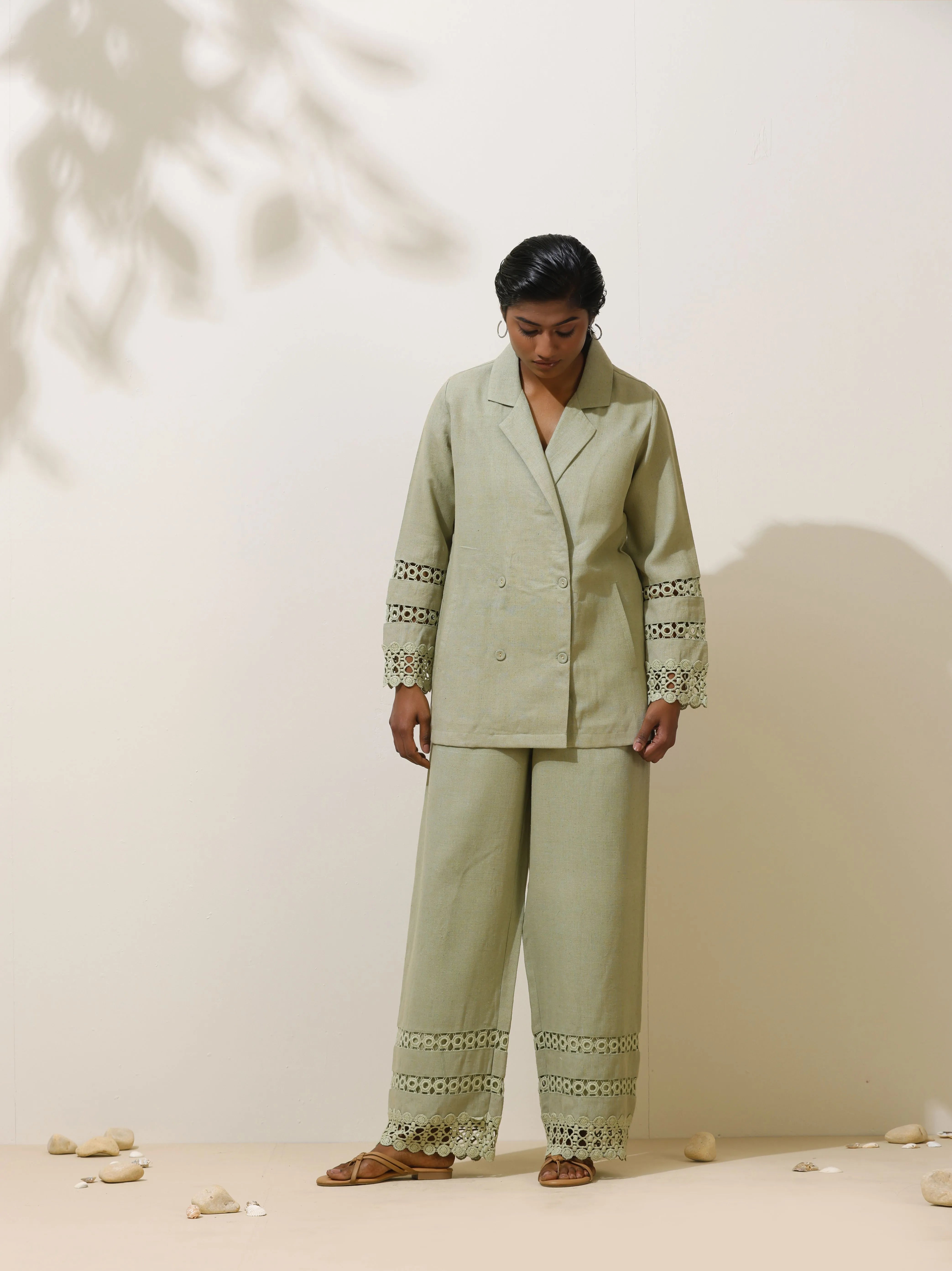 trueBrowns Matcha Green Crochet Natural Cotton Blazer Co-ord Set