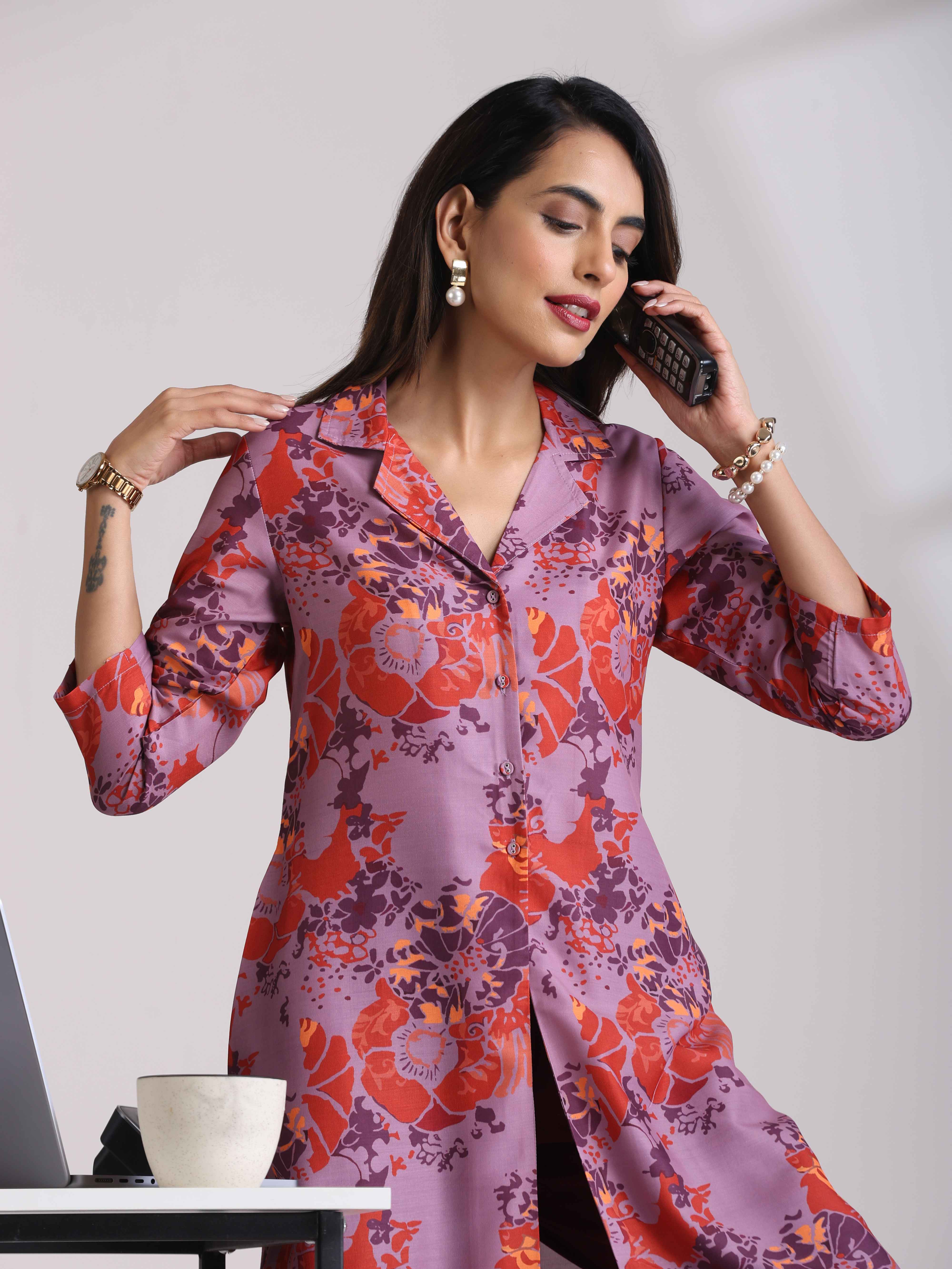 trueBrowns Purple Print Shirt Kurta Set