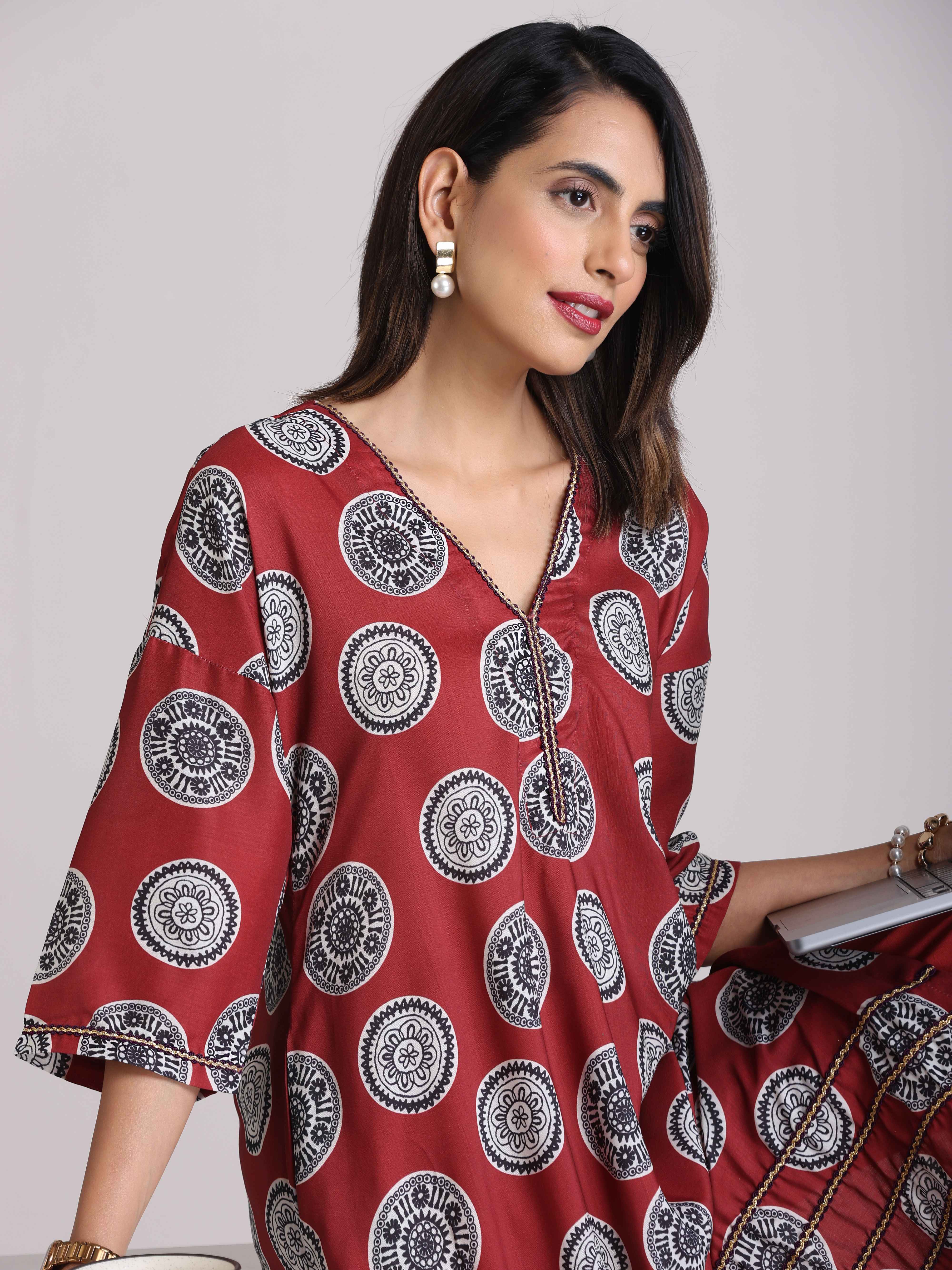 trueBrowns Maroon Print A-line Kurta Co-ord Set