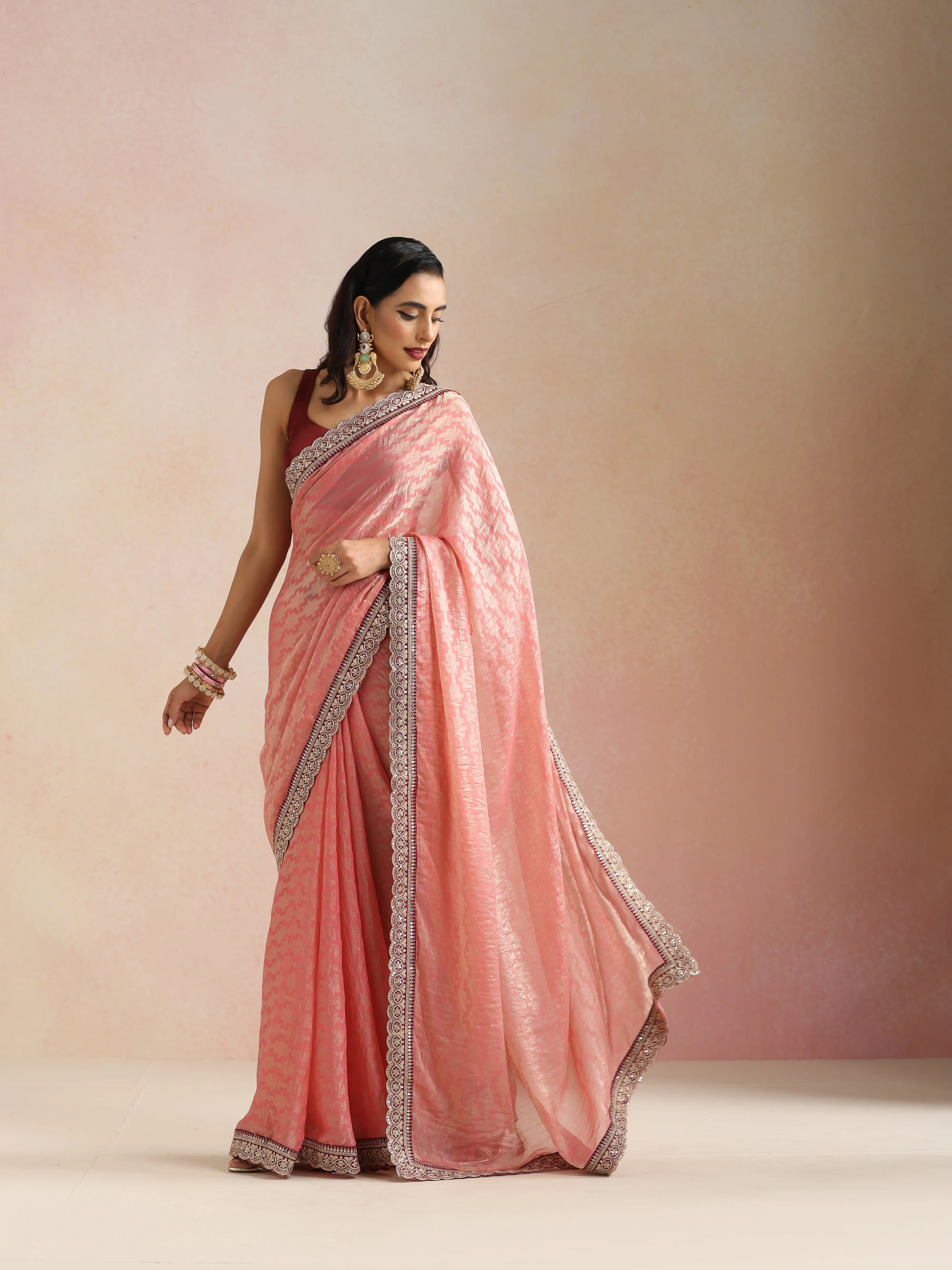 trueBrowns Peach Geometric Weave Saree With Unstitched Blouse