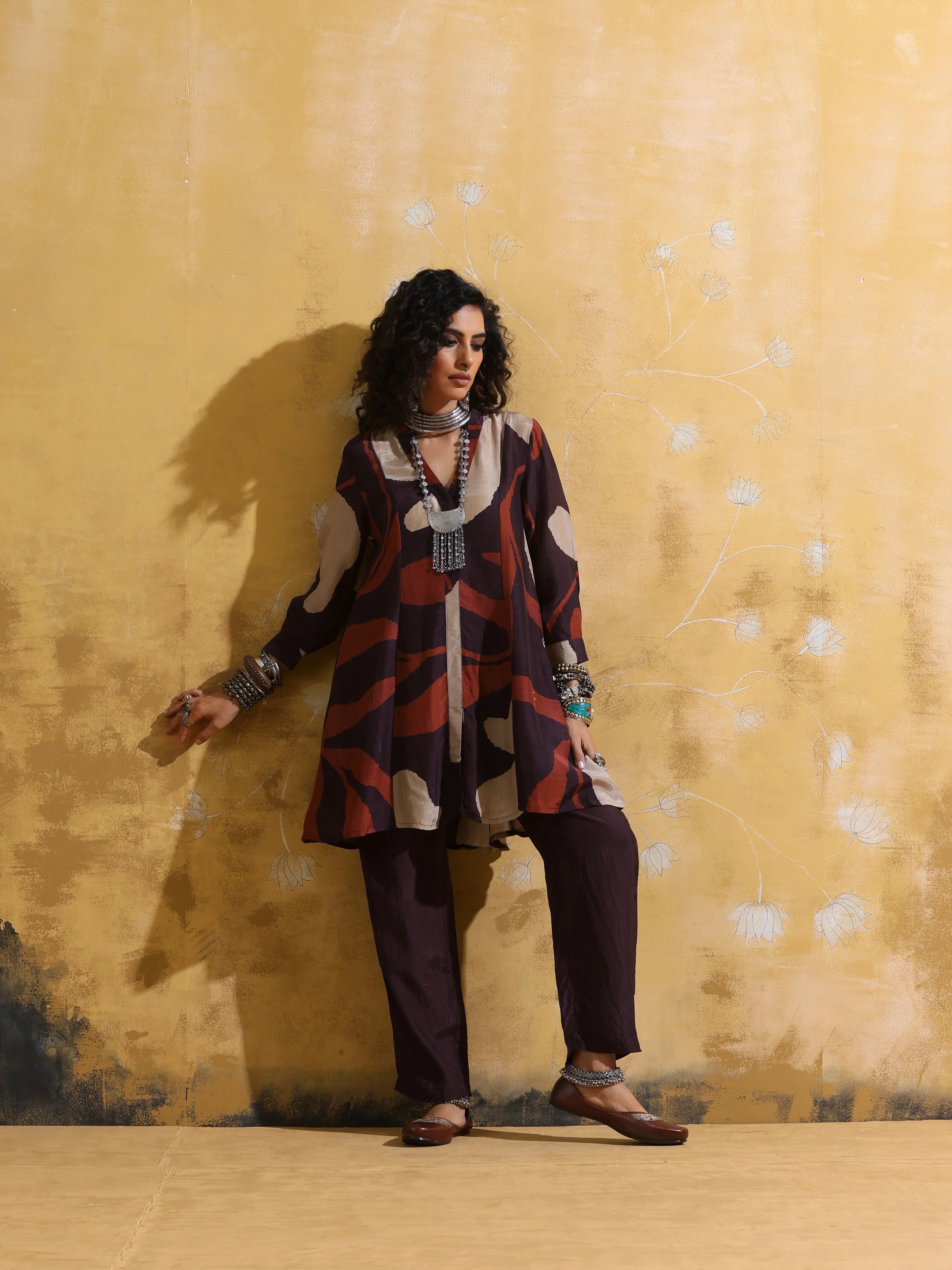 trueBrowns Cola Rust Red Floral Print Muslin Silk A-Line Co-ord Set