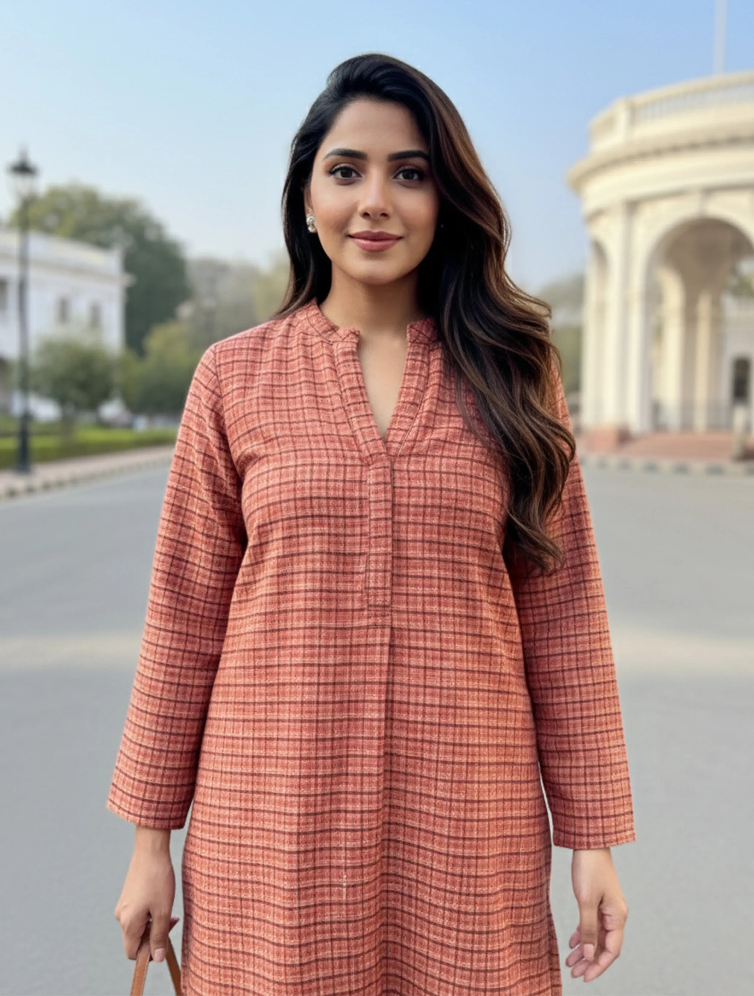 trueBrowns Rust Check Round V-Neck Woollen Top