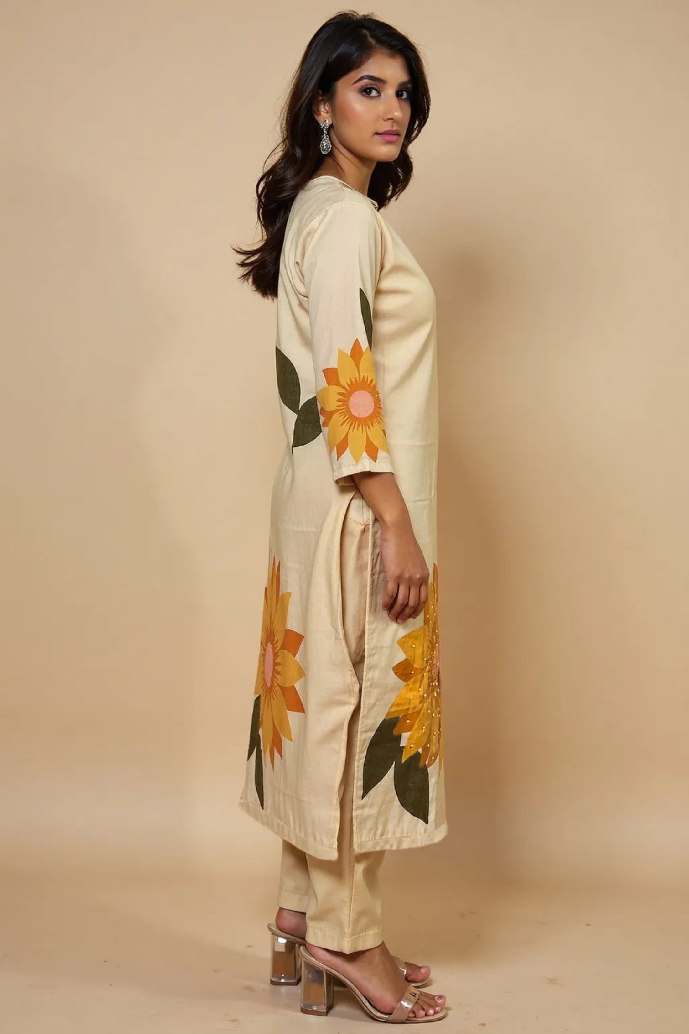 trueBrowns Beige Sunflower Print Kurta Pant Dupatta Set