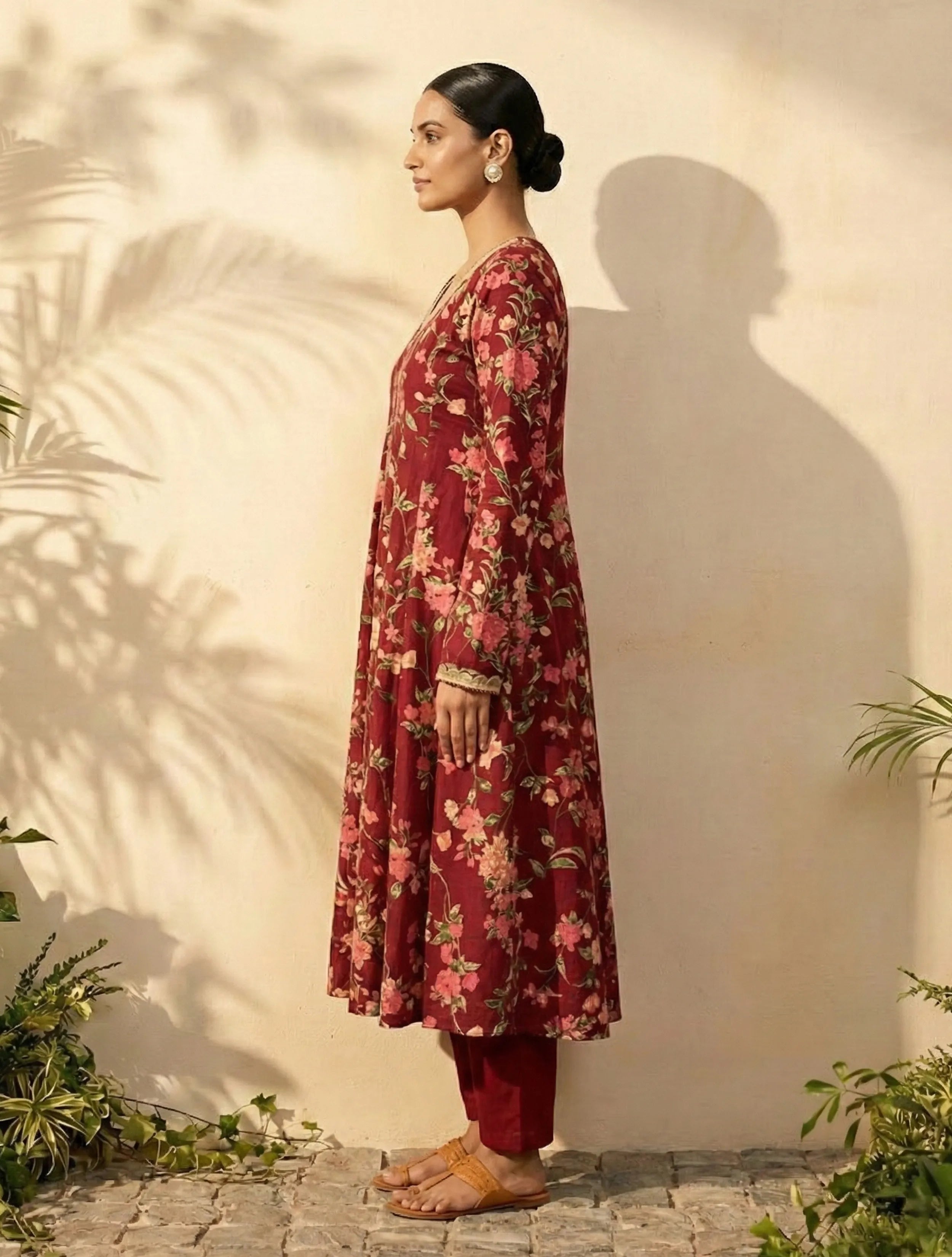 trueBrowns Maroon Floral Print V-Neck Anarkali Kurta Pant Dupatta Set