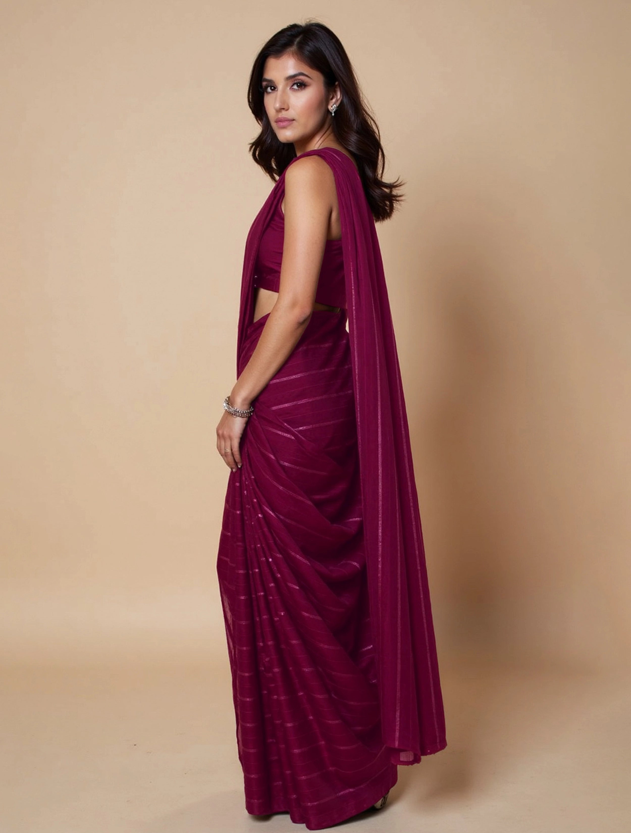 trueBrowns Wine Stripe Saree With Unstitched Blouse