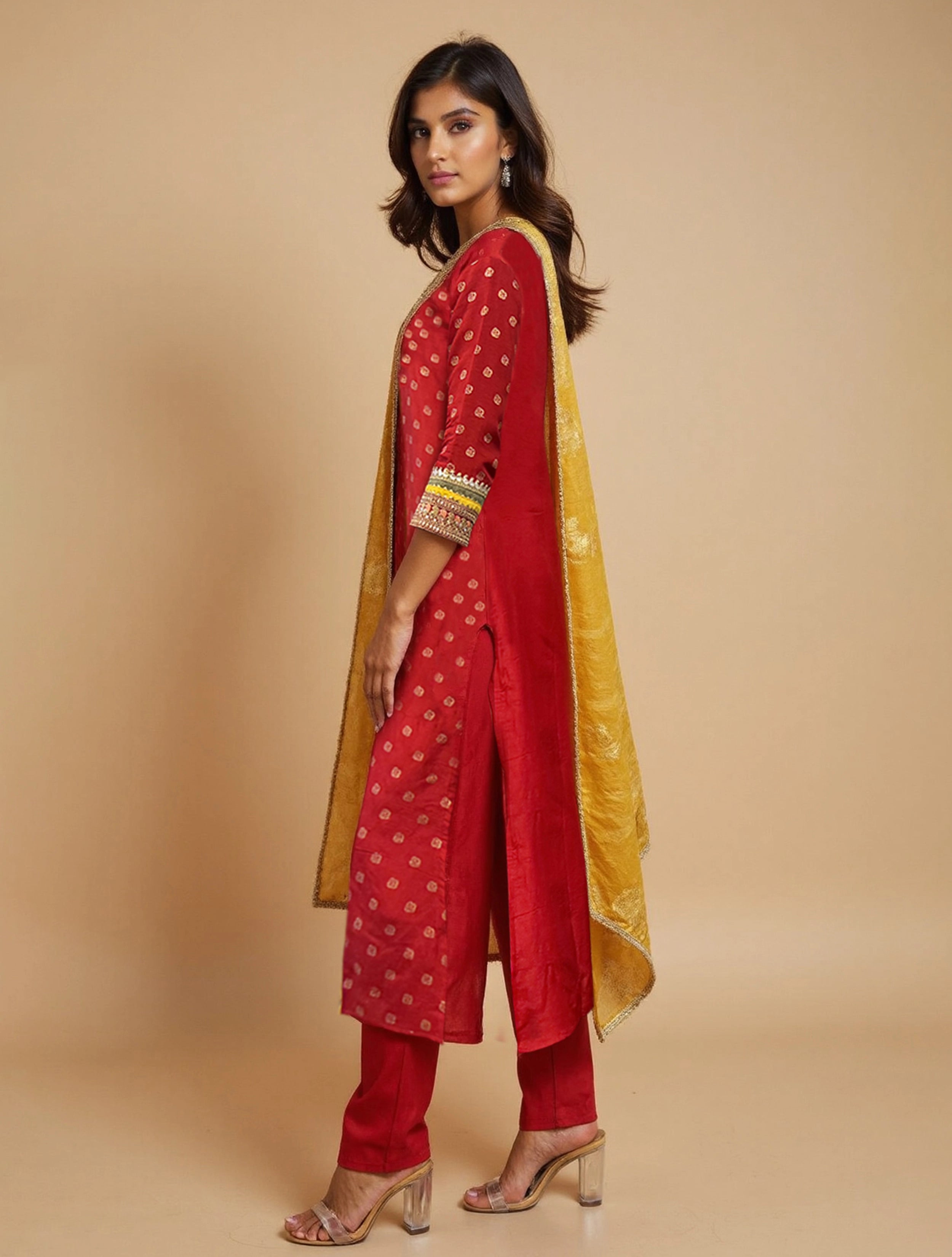 trueBrowns Red Jacquard Straight Kurta Pant Dupatta Set