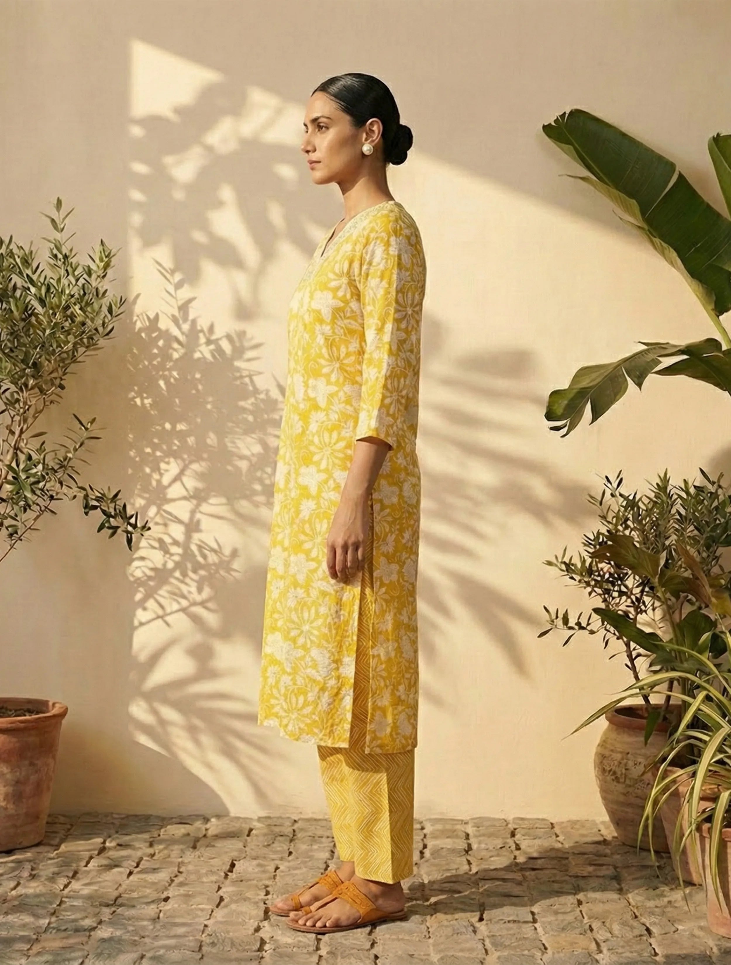 trueBrowns Yellow Floral Print Kurta Pant Dupatta Set