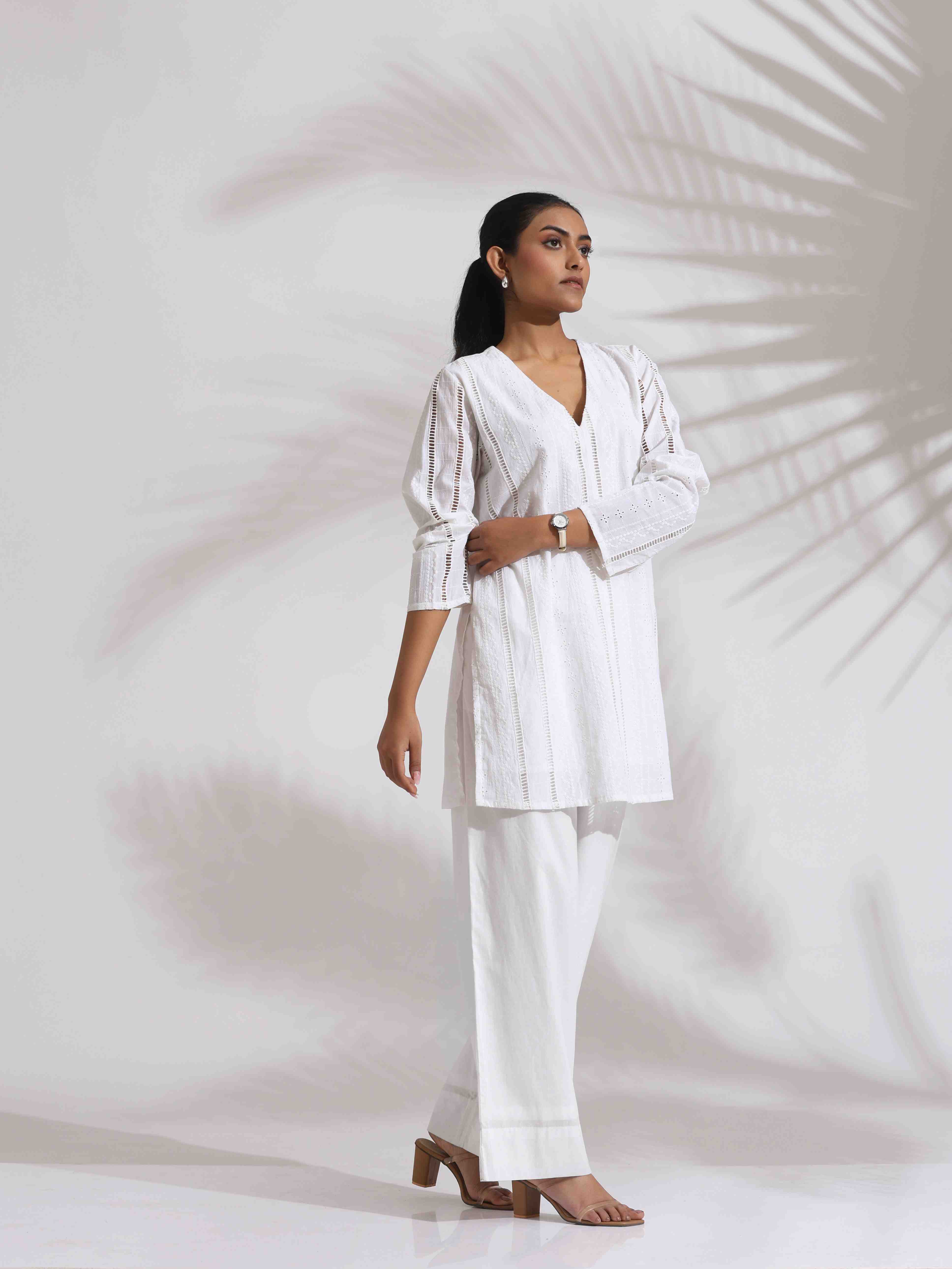 trueBrowns White Cotton Schiffli Co-ord Set