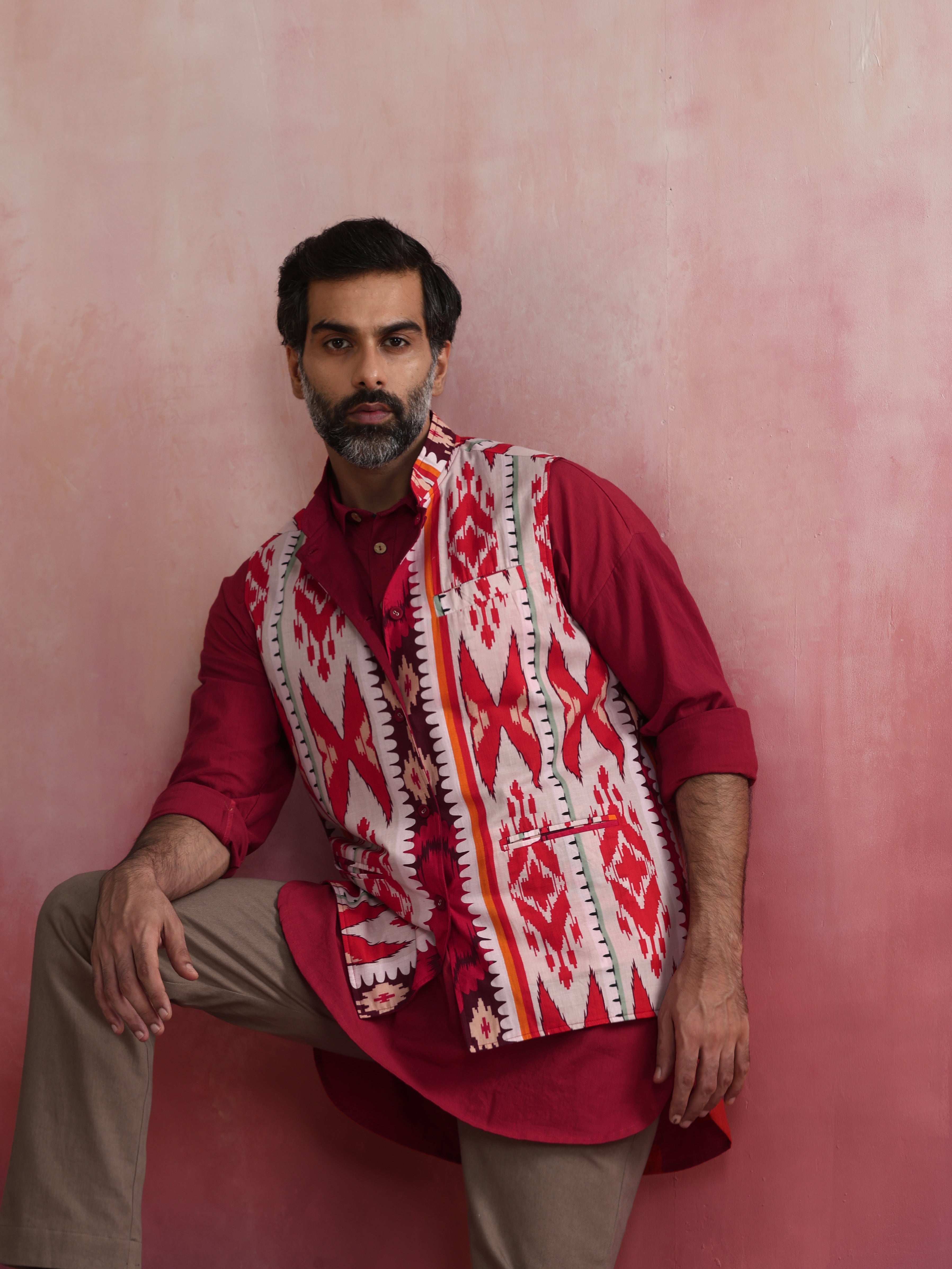 trueBrowns Men's Maroon Ikat Reversible Nehru Jacket