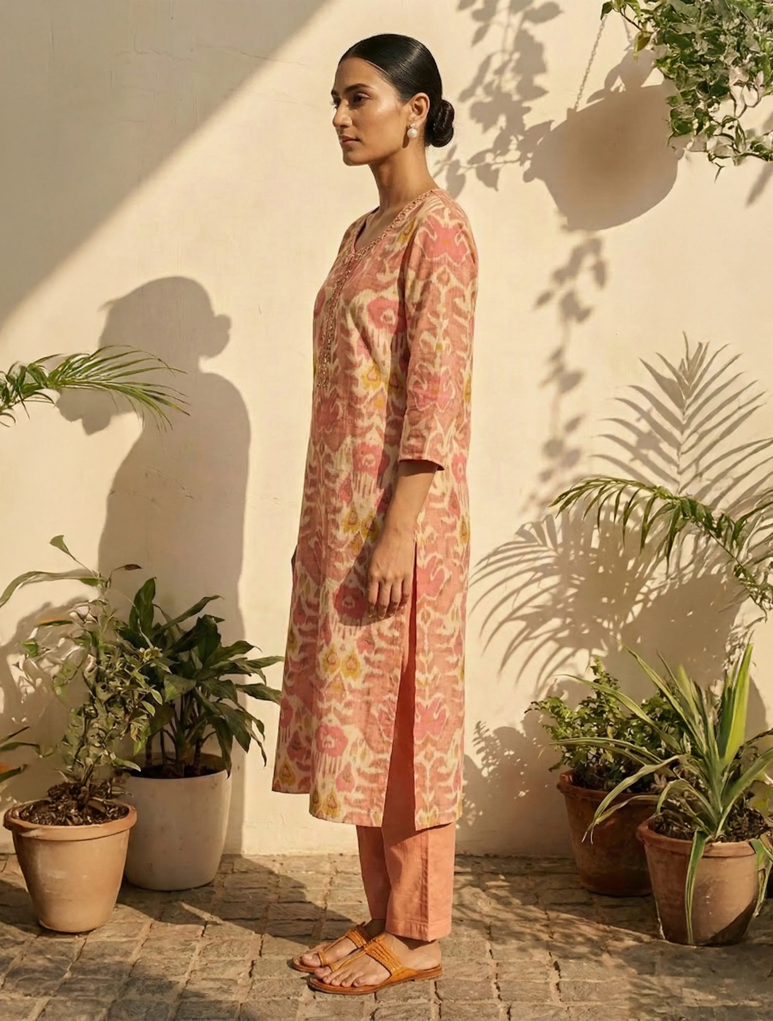 trueBrowns Peach Ikat Print Embroidered Kurta Pant Dupatta Set