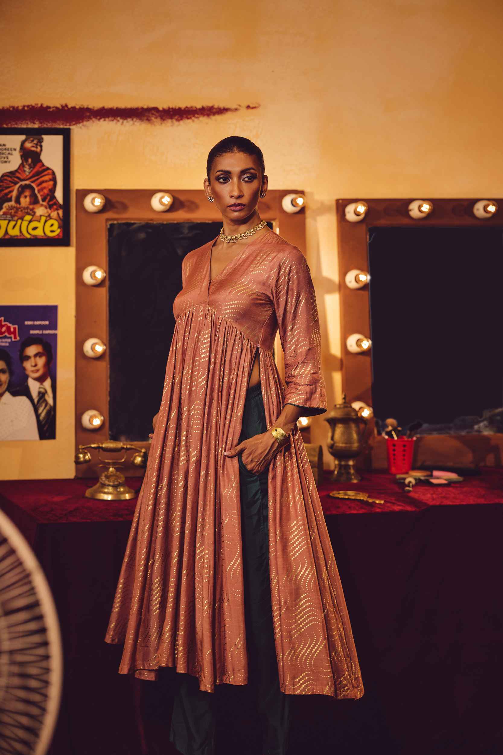 trueBrowns Peach Gold Foil Print Muslin Silk Anarkali High-Slit Kurta Set