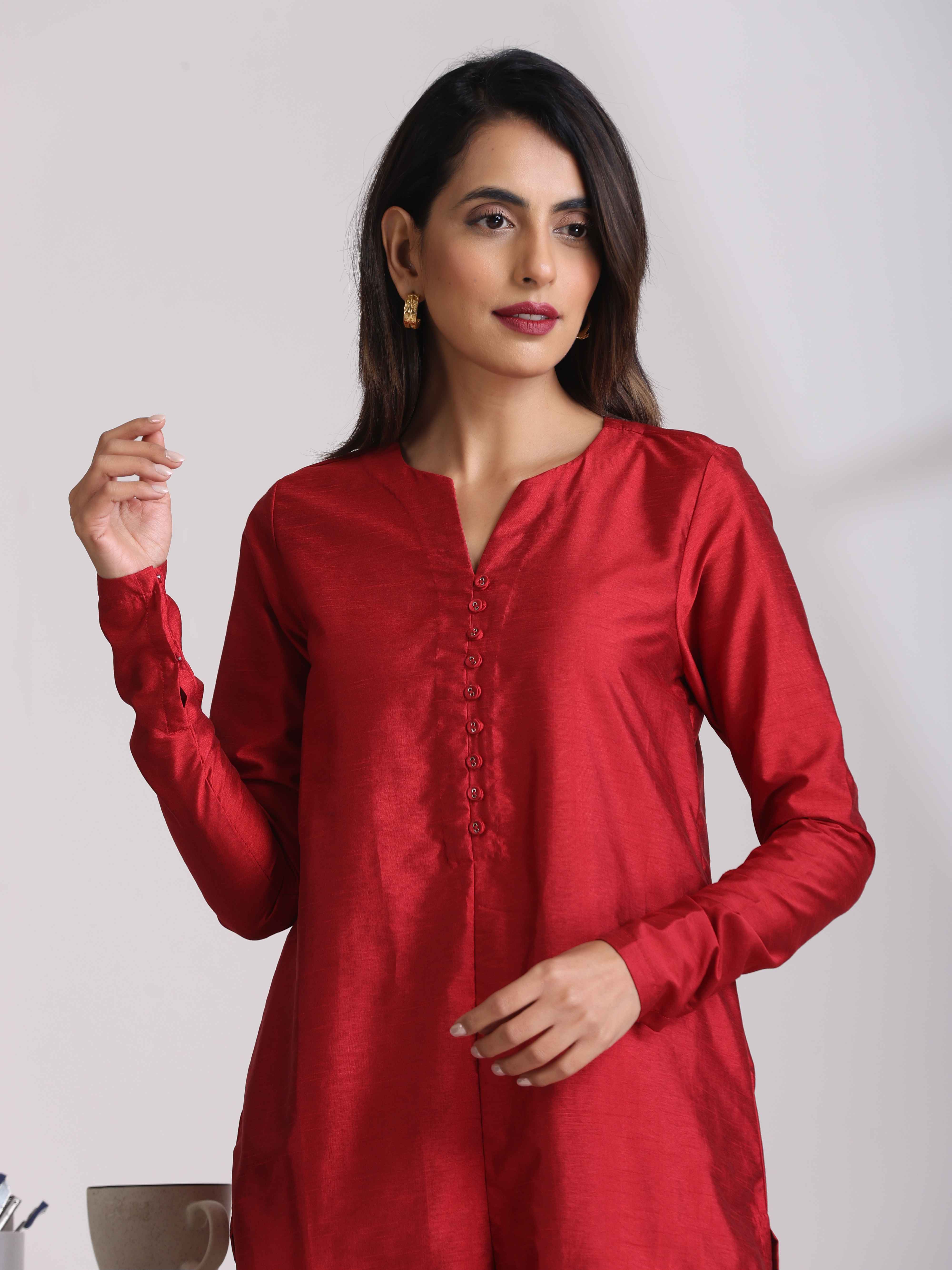 trueBrowns Red Silk Kurta Co-ord Set