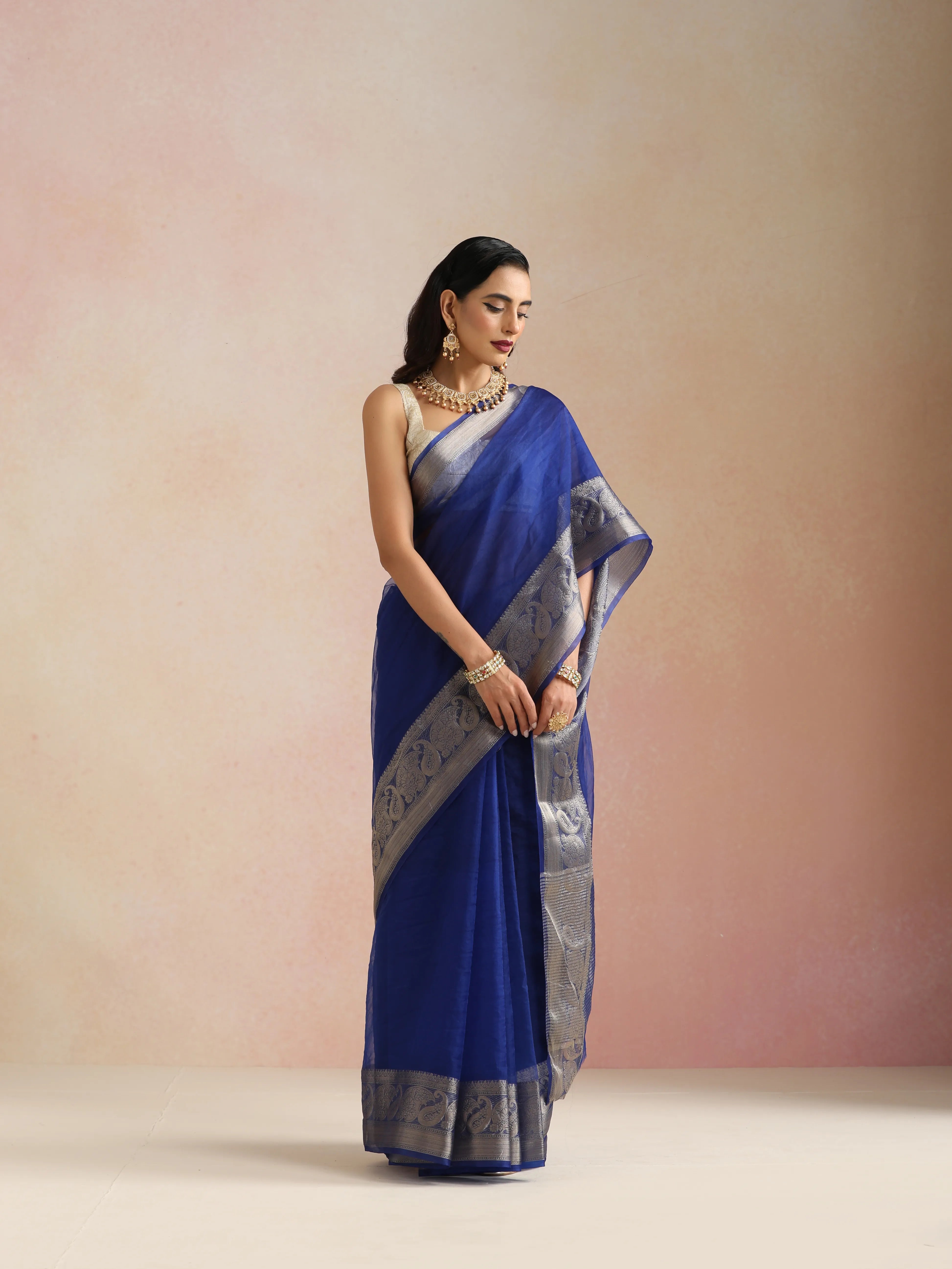 trueBrowns Electric Blue Organza Saree With Unstitched Blouse