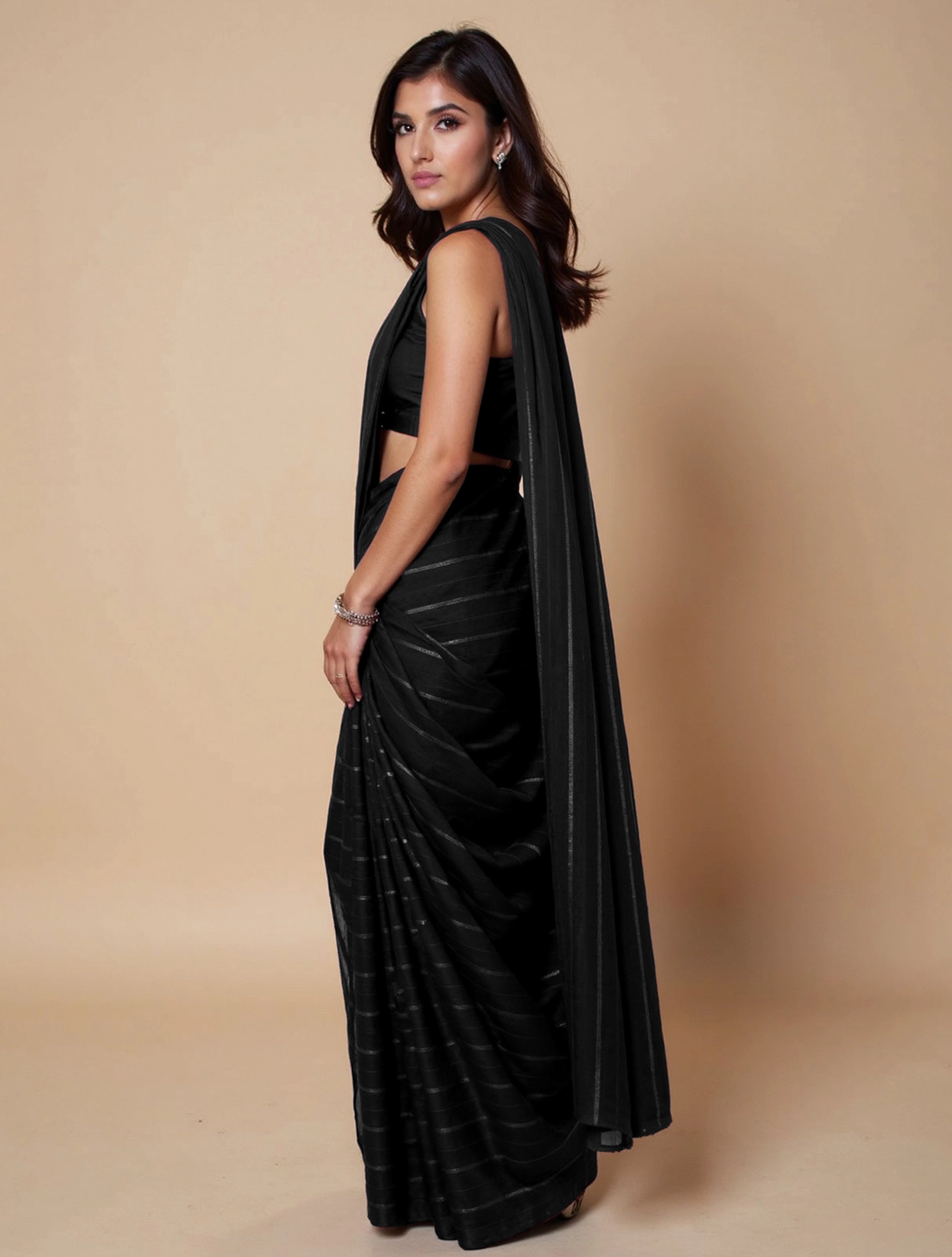 trueBrowns Black Stripe Saree With Unstitched Blouse