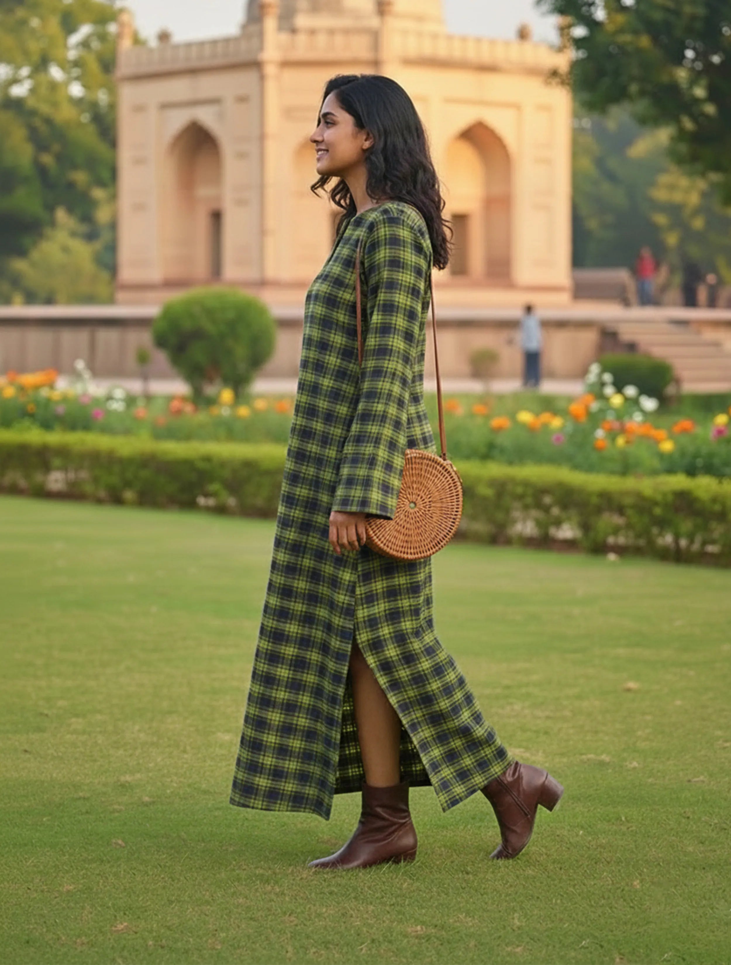 trueBrowns Green Black Straight Maxi Woollen Dress