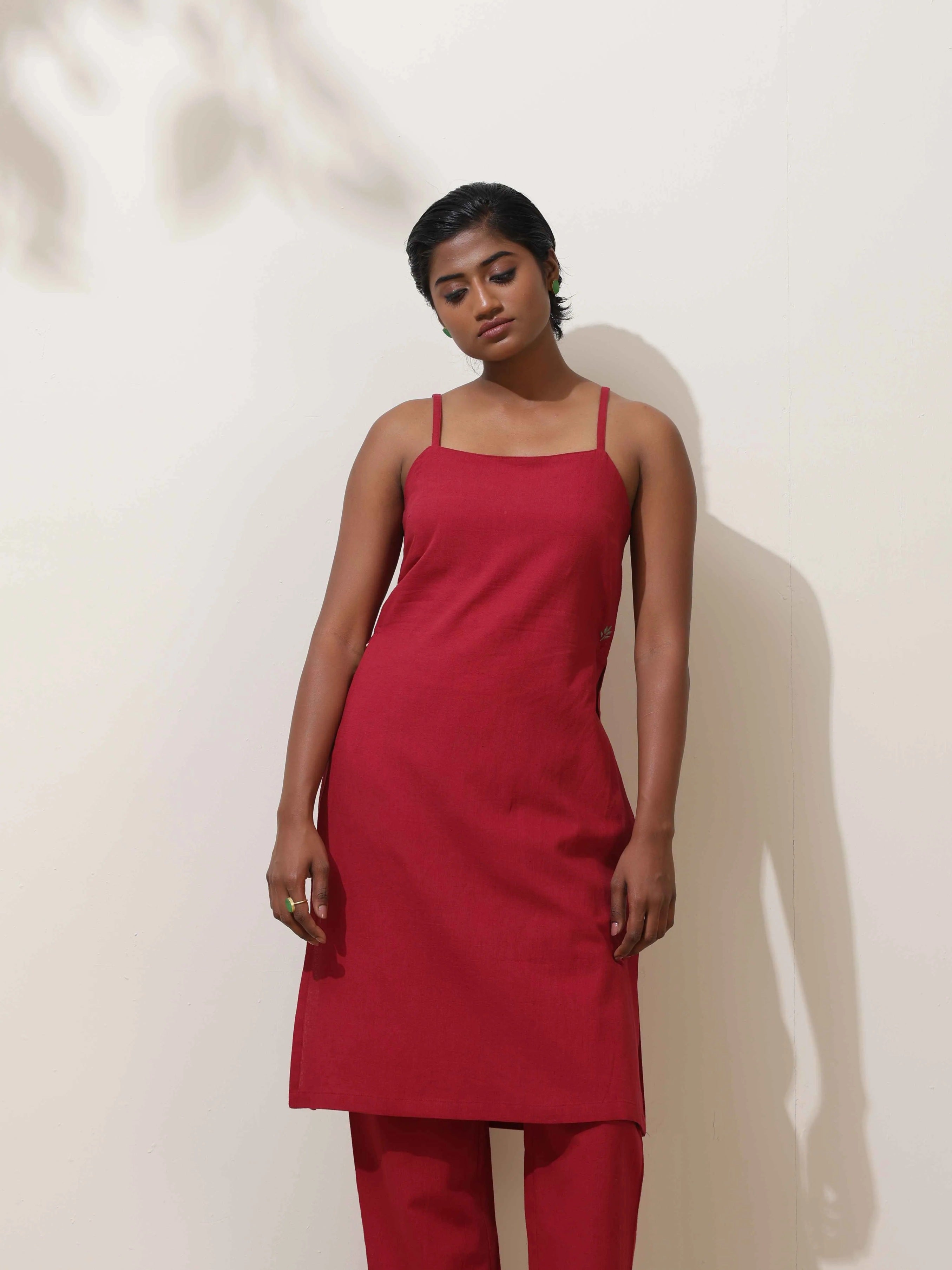 trueBrowns Maroon Cotton Linen Kurta Co-Ord Set