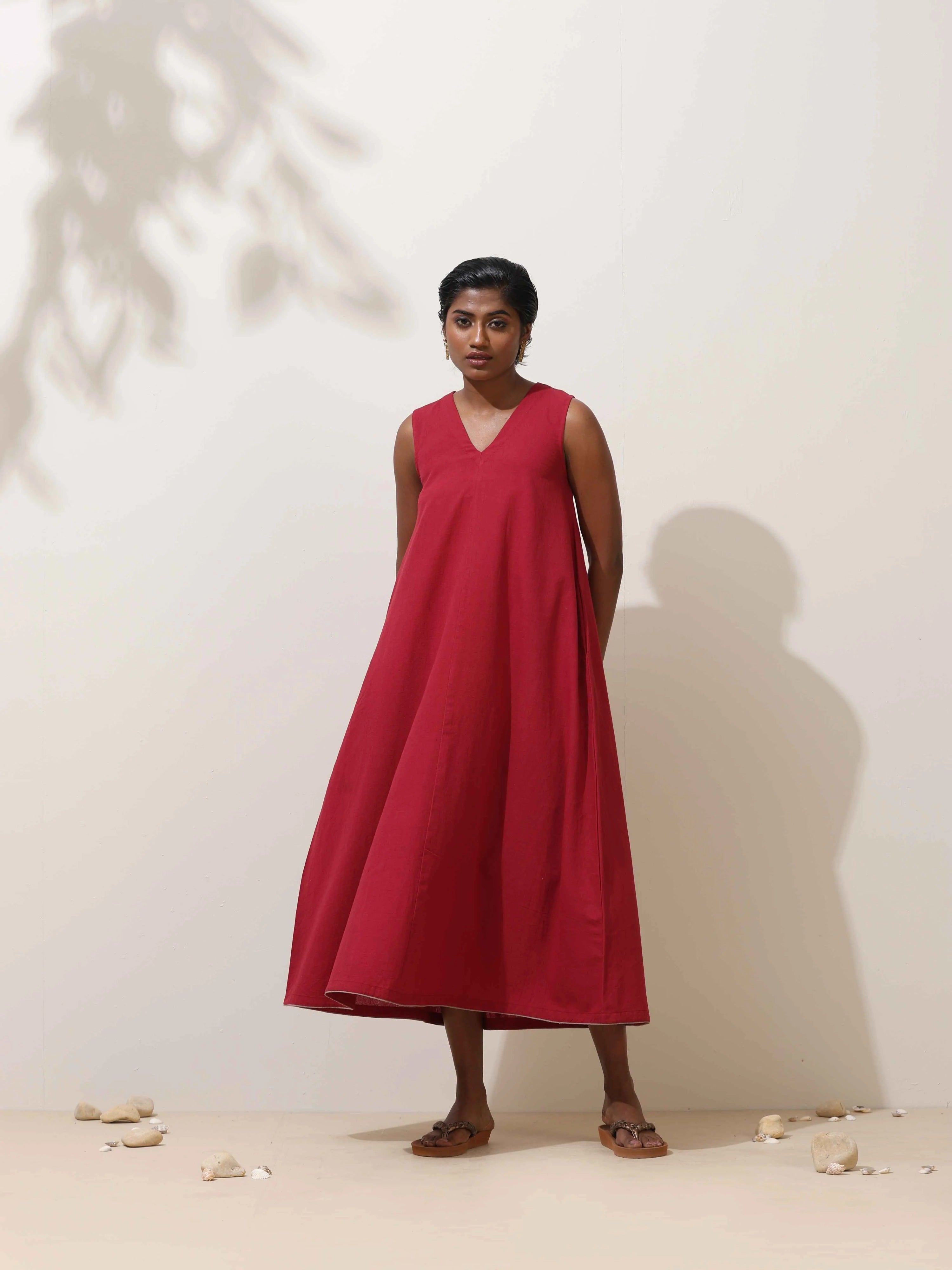 trueBrowns Maroon Cotton Linen Dress