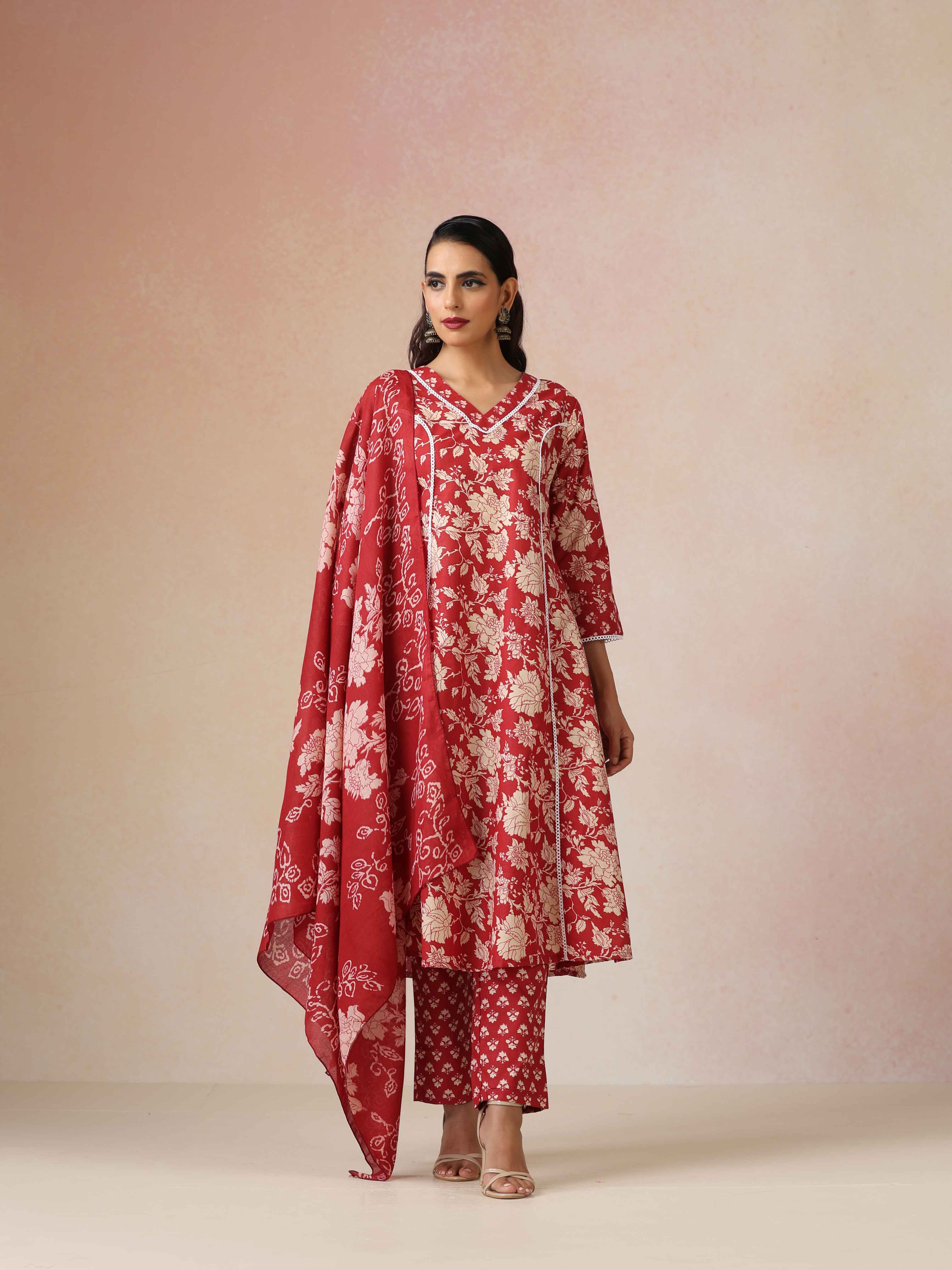 trueBrowns Red Cotton Print A Line Kurta 3pc Set