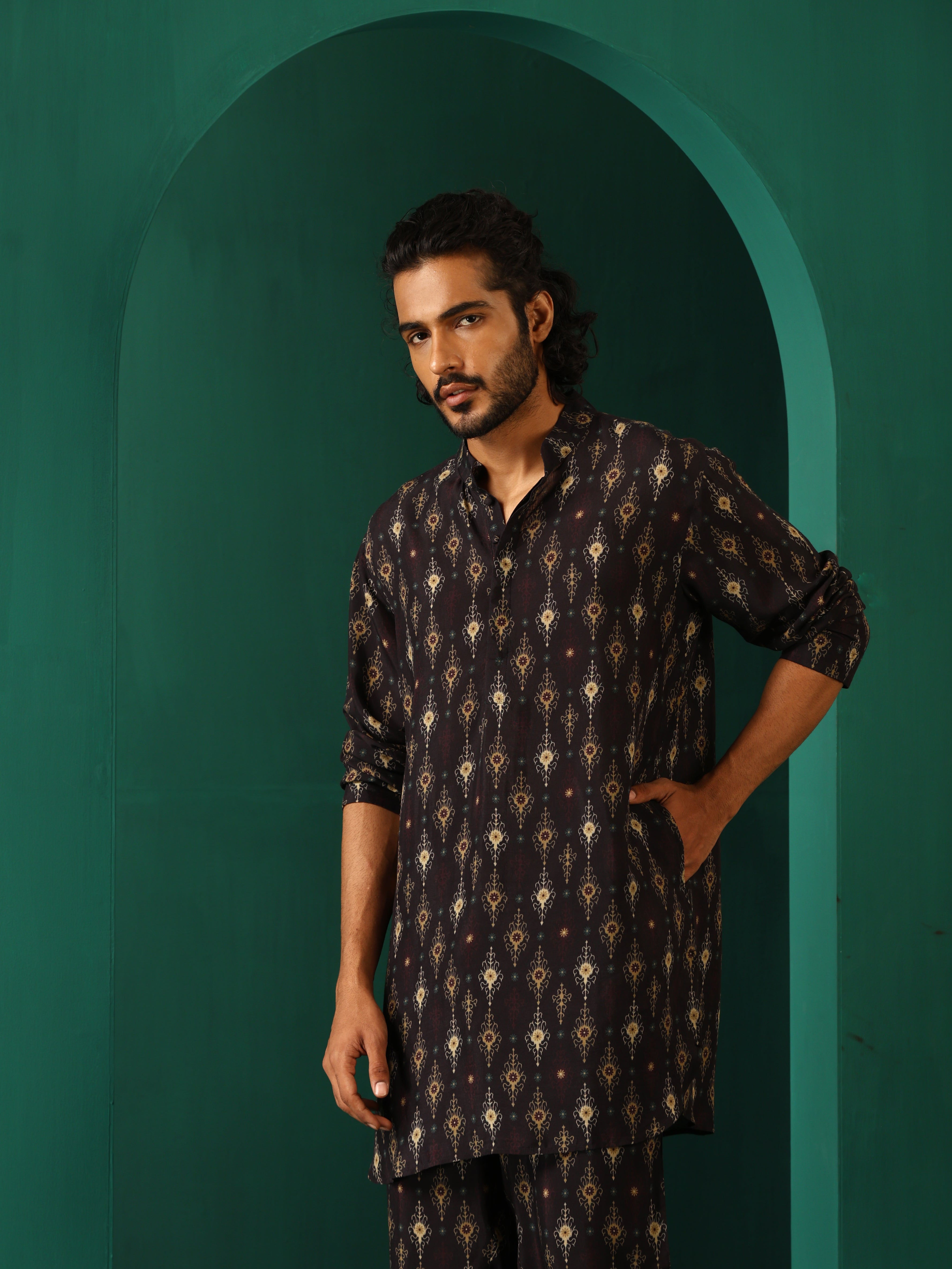 trueBrowns Men's Black Tonal Ikat Muslin Silk Printed Co-ord Set