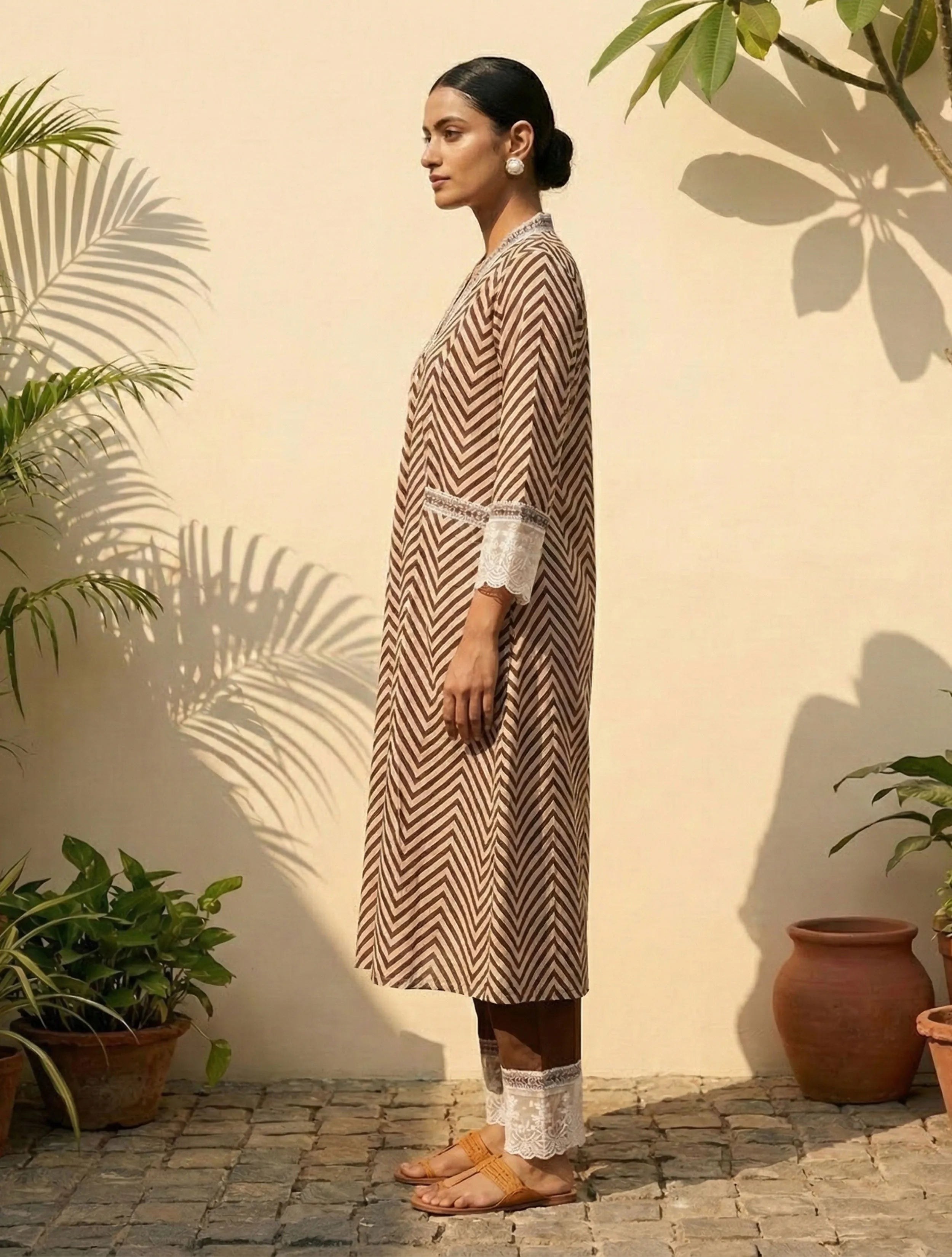 trueBrowns Brown Chevron Print Kurta Pant Dupatta Set