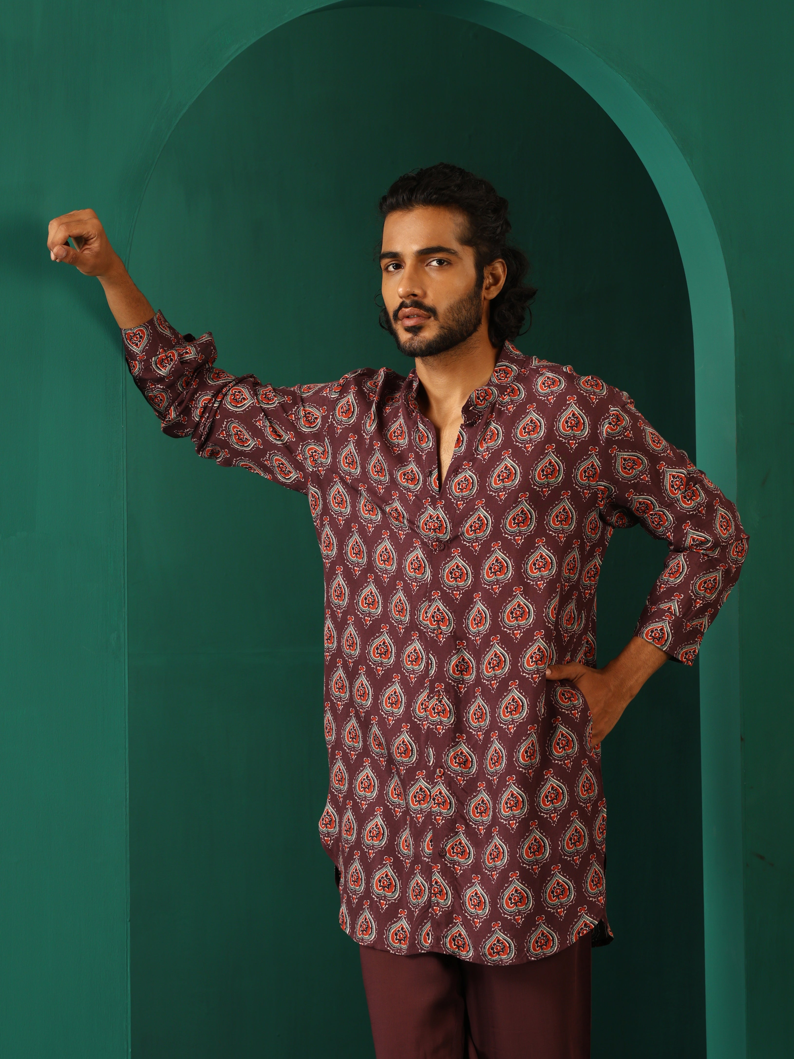 trueBrowns Men's Deep Purple Paan Muslin Silk Printed Co-ord Set