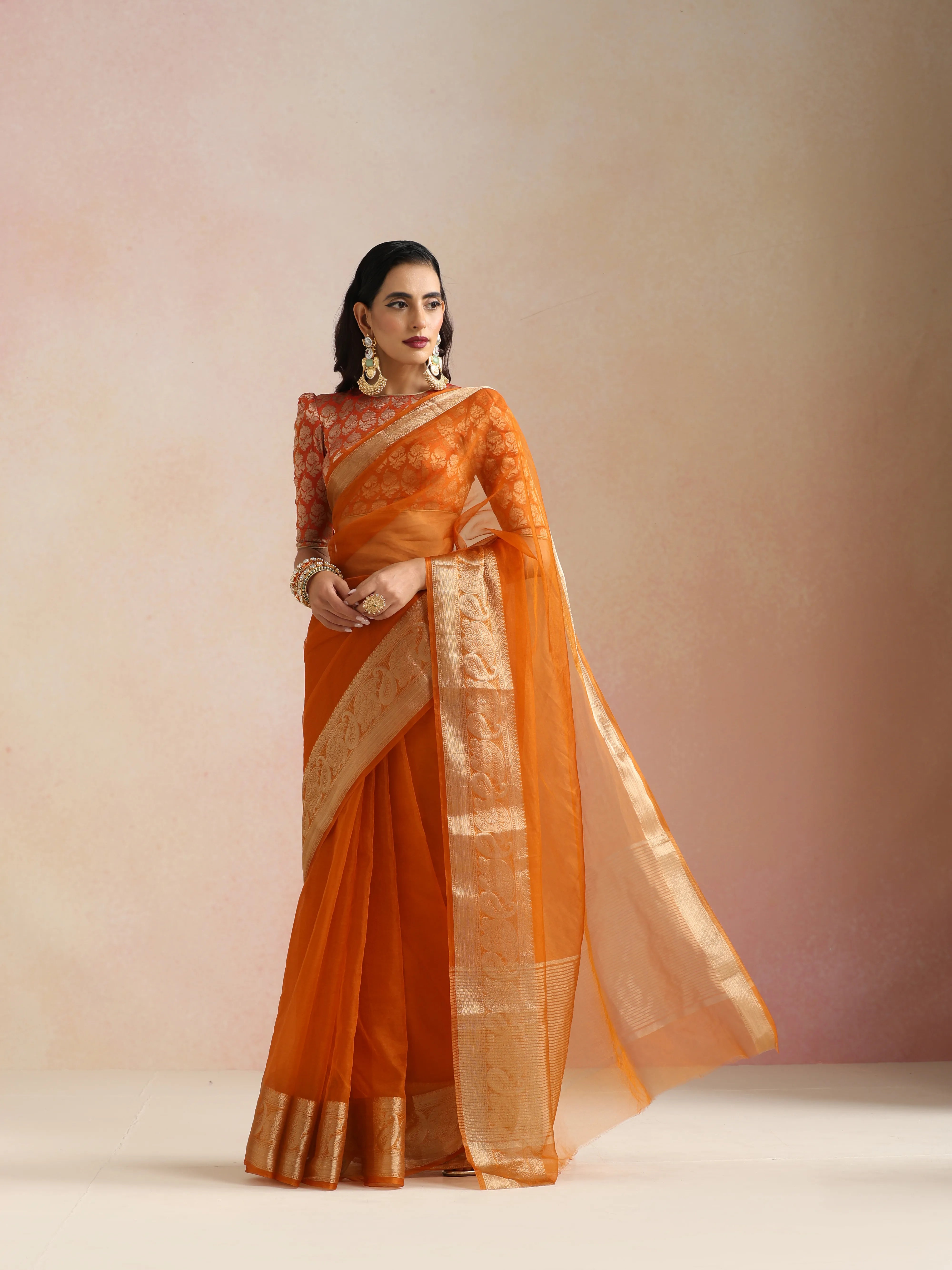 trueBrowns Rust Organza Saree With Unstitched Blouse