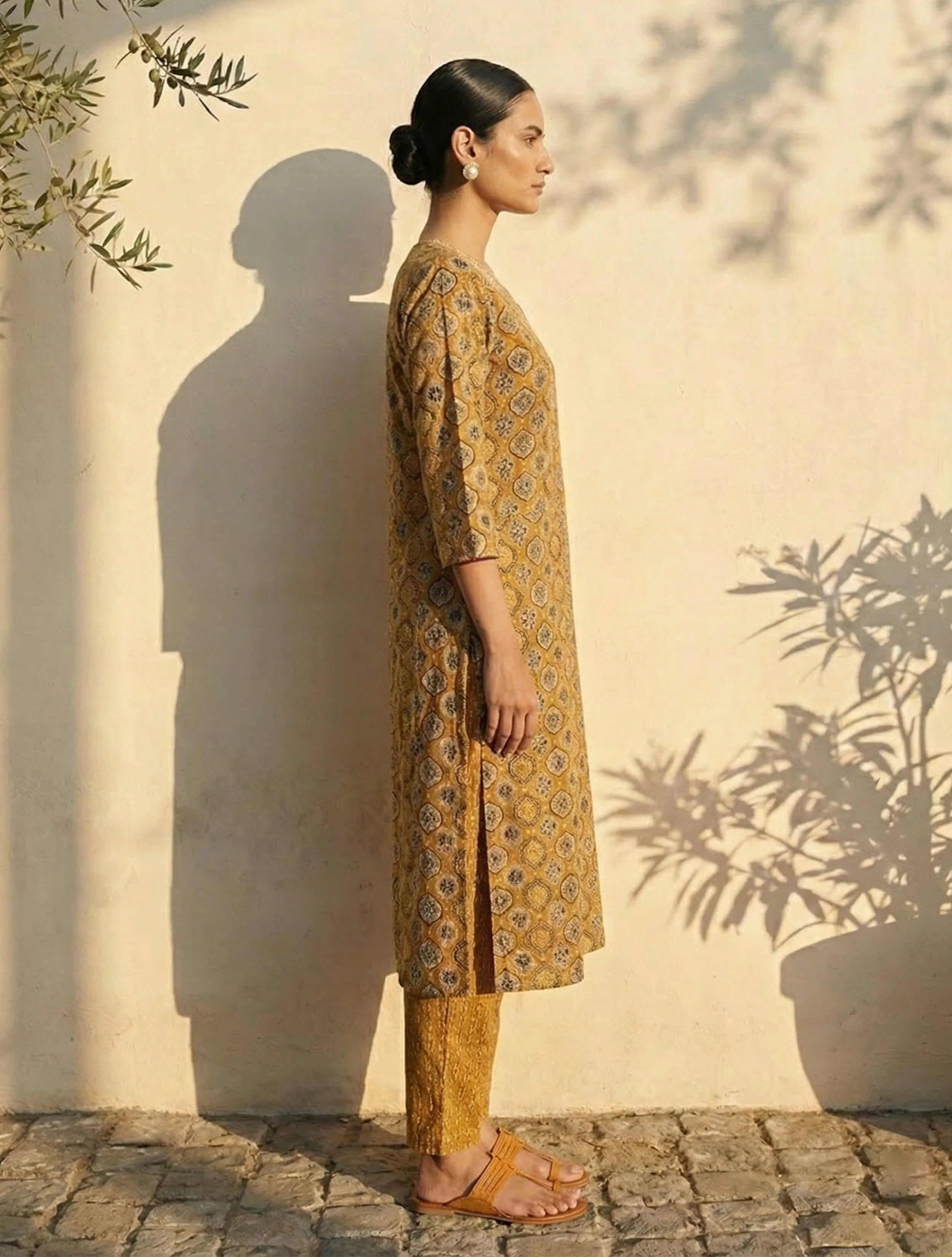 trueBrowns Mustard Print Embroidered V-Neck Kurta Pant Dupatta Set