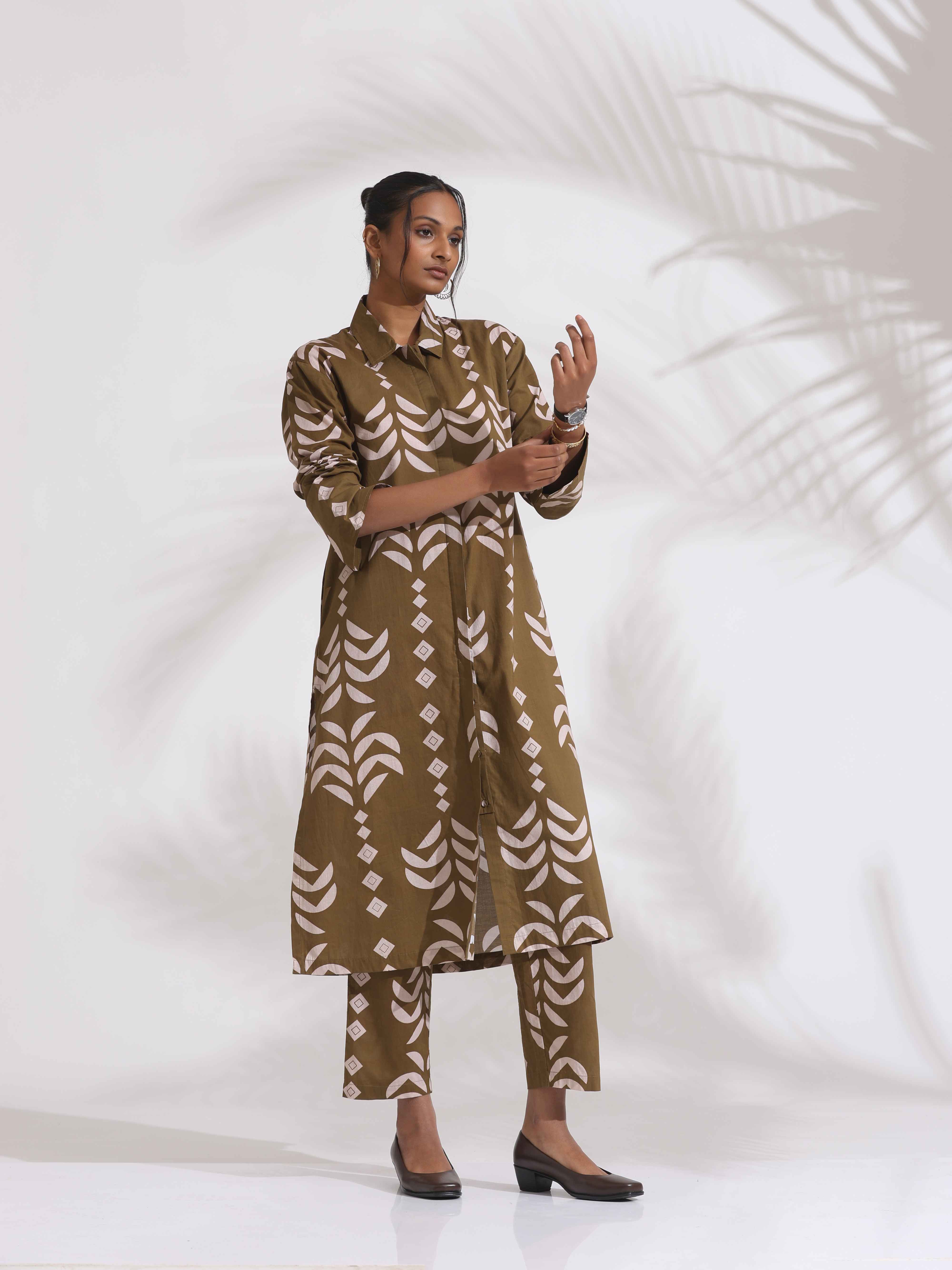 trueBrowns Olive Green Cotton Stripe Print Shirt Kurta Set