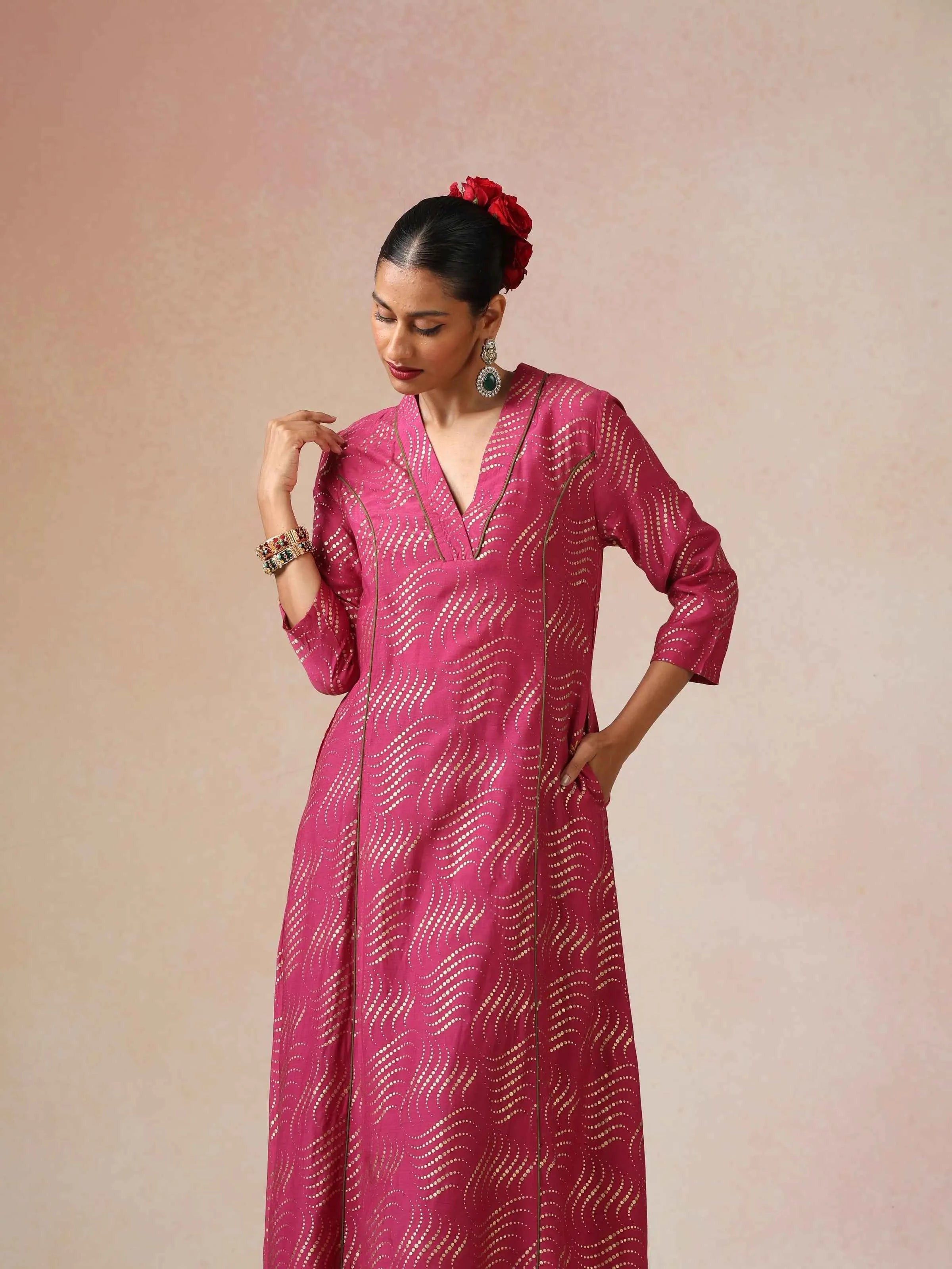 trueBrowns Pink Gold Foil Print Muslin Silk A-line Kurta Set
