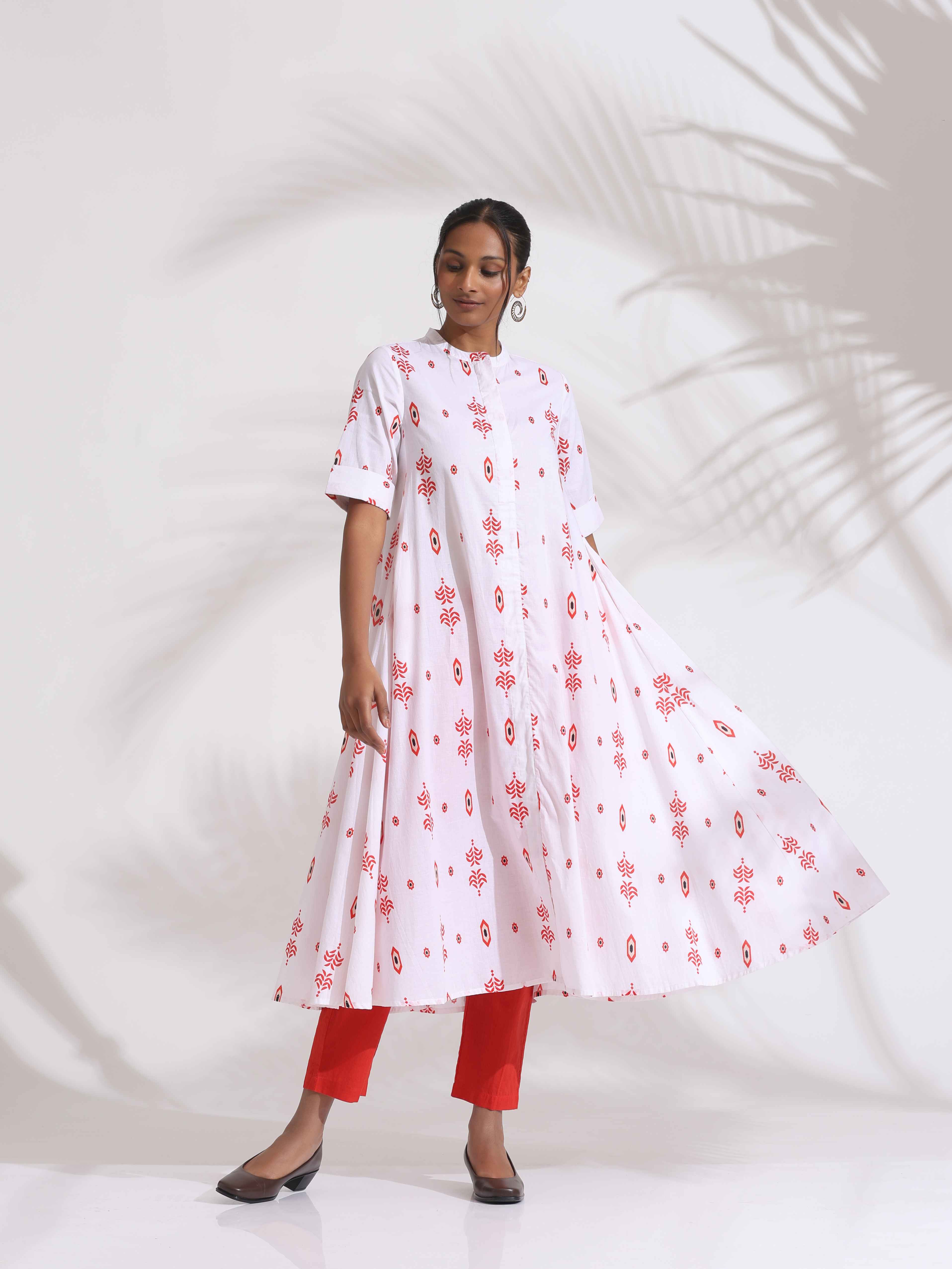trueBrowns White Cotton Print Flared Kurta Set