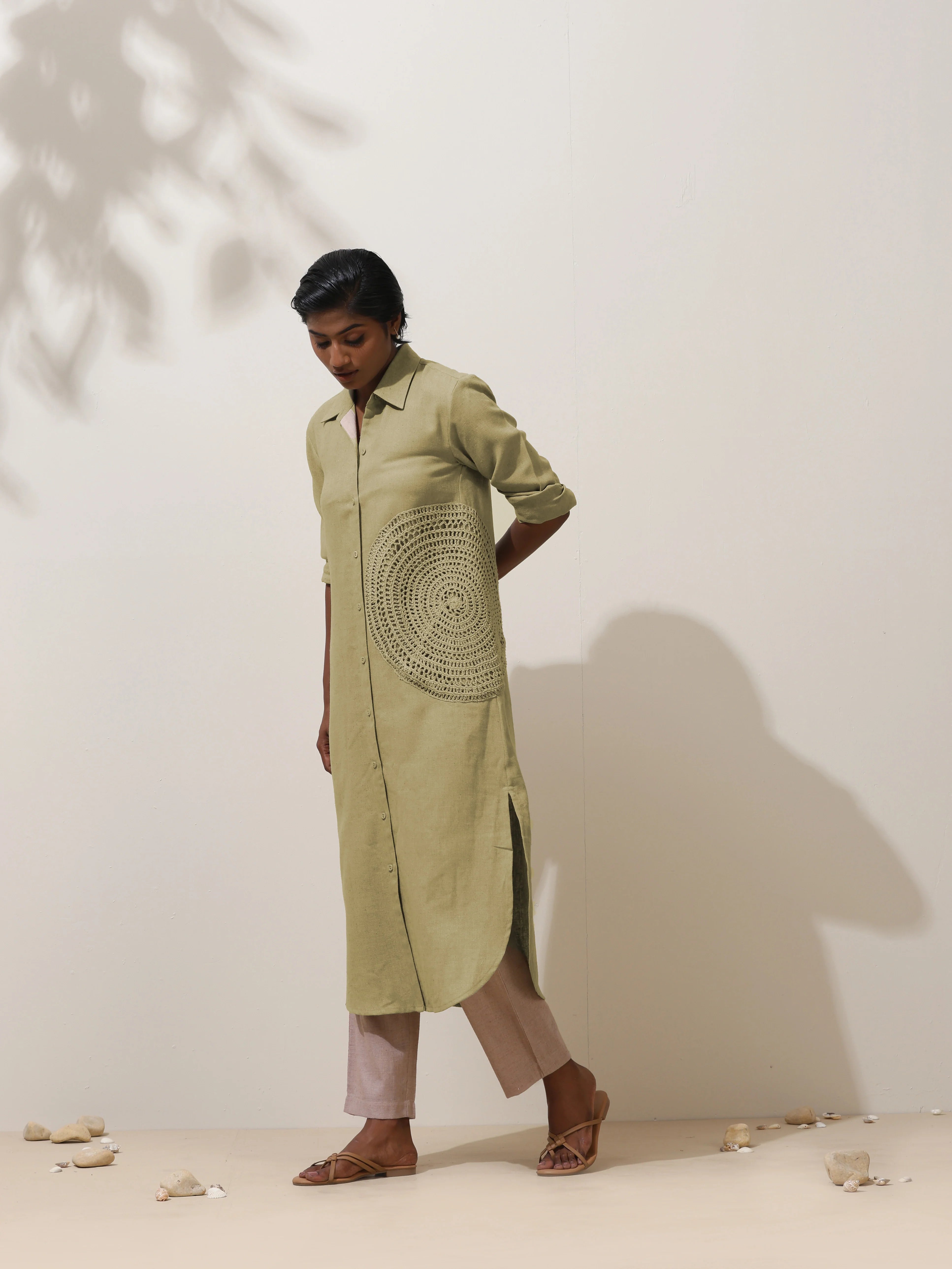 trueBrowns Fern Green Crochet Natural Cotton Kurta Pant Set