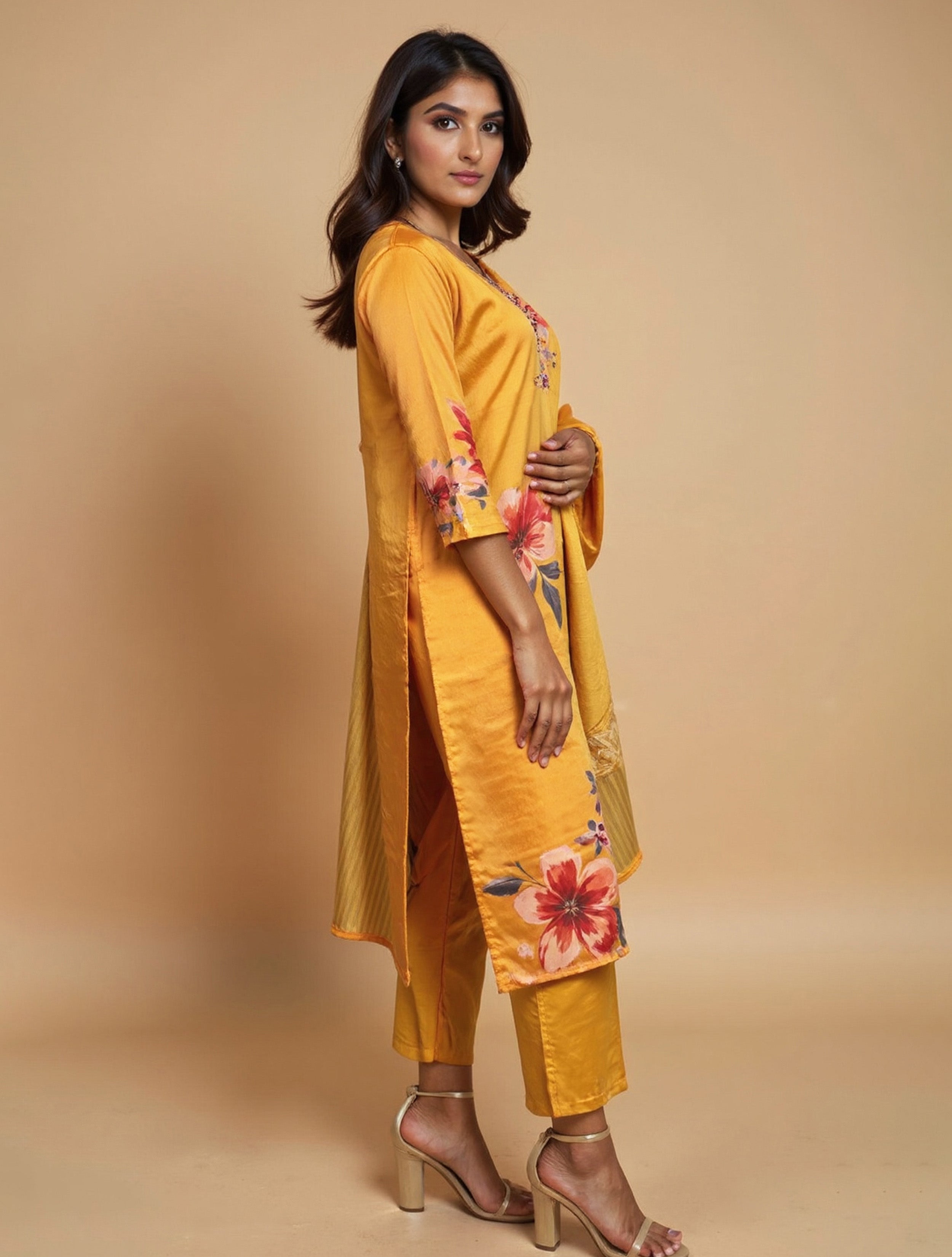 trueBrowns Yellow Floral V-Neck Emb Straight Kurta Pant Dupatta Set