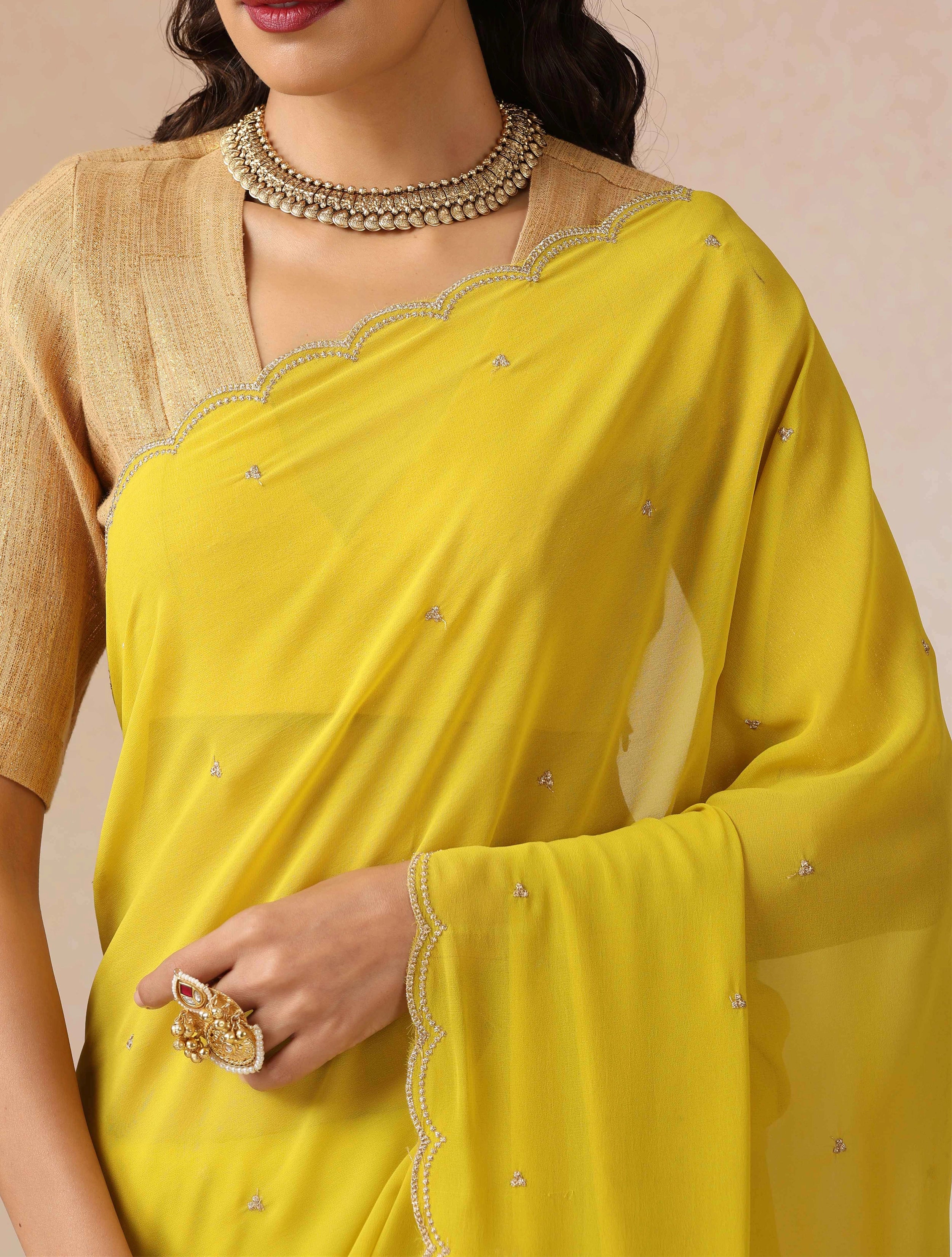 trueBrowns Lime Georgette Embroidered Saree With unstitched Blouse